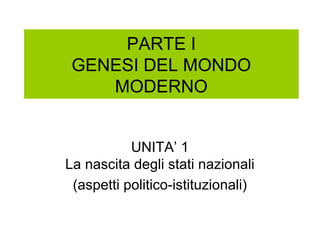 PARTE I
GENESI DEL MONDO
MODERNO
UNITA’ 1
La nascita degli stati nazionali
(aspetti politico-istituzionali)

 