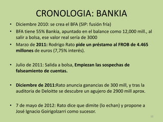 • Diciembre 2010: se crea el BFA (SIP: fusión fría)
• BFA tiene 55% Bankia, apuntado en el balance como 12,000 mill., al
salir a bolsa, ese valor real sería de 3000
• Marzo de 2011: Rodrigo Rato pide un préstamo al FROB de 4.465
millones de euros (7,75% interés).
• Julio de 2011: Salida a bolsa, Empiezan las sospechas de
falseamiento de cuentas.
• Diciembre de 2011:Rato anuncia ganancias de 300 mill, y tras la
auditoria de Deloitte se descubre un agujero de 2900 mill aprox.
• 7 de mayo de 2012: Rato dice que dimite (lo echan) y propone a
José Ignacio Goirigolzarri como sucesor.
CRONOLOGIA: BANKIA
10
 