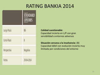 RATING BANKIA 2014
Calidad cuestionable:
Capacidad incierta en L/P con gran
sensibilidad a entornos adversos
Situación cercana a la insolvencia: (B)
Capacidad débil con evolución incierta muy
limitada por condiciones del entorno
19
 