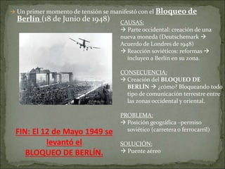  Un primer momento de tensión se manifestó con el Bloqueo de
Berlín (18 de Junio de 1948) CAUSAS:
 Parte occidental: creación de una
nueva moneda (Deutschemark 
Acuerdo de Londres de 1948)
 Reacción soviéticos: reformas 
incluyen a Berlín en su zona.
CONSECUENCIA:
 Creación del BLOQUEO DE
BERLÍN  ¿cómo? Bloqueando todo
tipo de comunicación terrestre entre
las zonas occidental y oriental.
PROBLEMA:
 Posición geográfica –permiso
soviético (carretera o ferrocarril)
SOLUCIÓN:
 Puente aéreo
FIN: El 12 de Mayo 1949 se
levantó el
BLOQUEO DE BERLÍN.
 
