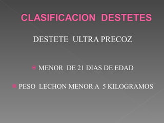 DESTETE  ULTRA PRECOZ MENOR  DE 21 DIAS DE EDAD PESO  LECHON MENOR A  5 KILOGRAMOS 