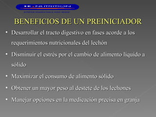 BENEFICIOS DE UN PREINICIADOR Desarrollar el tracto digestivo en fases acorde a los requerimientos nutricionales del lechón Disminuir el estrés por el cambio de alimento líquido a sólido Maximizar el consumo de alimento sólido Obtener un mayor peso al destete de los lechones Manejar opciones en la medicación precisa en granja 