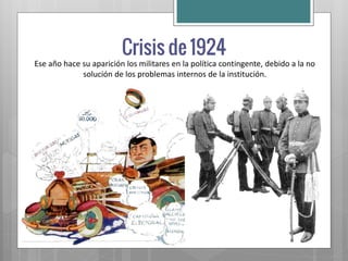 Ese año hace su aparición los militares en la política contingente, debido a la no
             solución de los problemas internos de la institución.
 