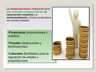 La reestructuración industrial tiene
dos vertientes complementarias: la
reconversión industrial y la
reindustrialización. Ambas se abordaron
con ayudas estatales:
•Financieras (subvenciones y
créditos)
•Fiscales (deducciones y
bonificaciones)
•Laborales (facilidades para la
regulación de empleo y
prejubilaciones
•Financieras (subvenciones y
créditos)
•Fiscales (deducciones y
bonificaciones)
•Laborales (facilidades para la
regulación de empleo y
prejubilaciones
 