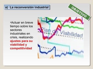 a) La reconversión industriala) La reconversión industrial
•Actuar en breve
tiempo sobre los
sectores
industriales en
crisis, realizando
ajustes para su
viabilidad y
competitividad
OBJETIVO
OBJETIVO
 