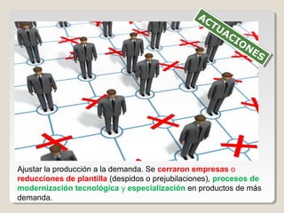 Ajustar la producción a la demanda. Se cerraron empresas o
reducciones de plantilla (despidos o prejubilaciones), procesos de
modernización tecnológica y especialización en productos de más
demanda.
ACTUACIONES
ACTUACIONES
 
