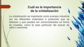 Cuál es la importancia
de la cristalización
La cristalización es importante como proceso industrial
por los diferentes materiales o productos que se
obtienen y que pueden ser comercializados en forma
de cristales, como el caso particular del azúcar de
caña o sacarosa.
 