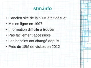 stm.info
●

L'ancien site de la STM était désuet

●

Mis en ligne en 1997

●

Information difficile à trouver

●

Pas facilement accessible

●

Les besoins ont changé depuis

●

Près de 18M de visites en 2012

 