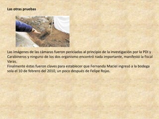 Las otras pruebas
Las imágenes de las cámaras fueron periciadas al principio de la investigación por la PDI y
Carabineros y ninguno de los dos organismo encontró nada importante, manifestó la fiscal
Varas.
Finalmente éstas fueron claves para establecer que Fernanda Maciel ingresó a la bodega
sola el 10 de febrero del 2010, un poco después de Felipe Rojas.
 