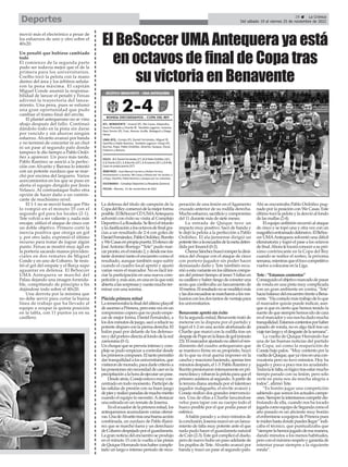 movió más el electrónico a pesar de
los esfuerzos de uno y otro sobre el
40x20.
Un penalti que hubiese cambiado
todo
El comienzo de la segunda parte
pudo ser todavía mejor que el de la
primera para los universitarios.
Coelho tocó la pelota con la mano
dentro del área y los árbitros señala-
ron la pena máxima. El capitán
Miguel Conde asumió la responsa-
bilidad de lanzar el penalti y Feixas
adivinó la trayectoria del lanza-
miento. Una pena, pues se esfumó
una gran oportunidad que pudo
cambiar el tramo final del envite.
El plantel antequerano no se vino
abajo después del fallo. Continuó
dándolo todo en la pista sin darse
por vencido y sin ahorrar ningún
esfuerzo. Alvarito avanzó por banda
y no terminó de concretar ni un chut
ni un pase al segundo palo donde
tampoco le dio tiempo a Pablo Ordó-
ñez a aparecer. Un poco más tarde,
Pablo Ramírez se asoció a la perfec-
ción con Alvarito y Barona lo intentó
con un potente zurdazo que se mar-
chó por encima del larguero. Varios
acercamientos en los que se puso en
alerta el equipo dirigido por Jesús
Velasco. Al contraataque hubo otra
opción de hacer daño a un contrin-
cante de muchísimo nivel.
El 1-1 no se movió hasta que Pito
lo rompió en el minuto 35 con el
segundo gol para los locales (2-1).
Tete volvió a ser valiente y, nada más
encajar, utilizó el ataque de cinco con
un doble objetivo. Primero cortó la
inercia positiva que otorga un gol
y, por otro lado, exprimió el último
recurso para tratar de lograr algún
punto. Feixas se mostró muy ágil en
la portería sacando manos providen-
ciales en dos remates de Miguel
Conde y en uno de Cobarro. Se resis-
tió el gol del empate y el Barça supo
aguantar en defensa. El BeSoccer
UMA Antequera se marchó del
Palau dejando una imagen formida-
ble, compitiendo de principio a fin
dejándose todo sobre el 40x20.
Una derrota por la mínima que
no debe servir para cortar la buena
línea de trabajo que ha llevado al
equipo a ocupar la quinta posición
en la tabla, con 11 puntos ya en su
casillero.
29 ç La Crónica
Del sábado 19 al viernes 25 de noviembre de 2022
Deportes
La defensa del título de campeón de la
CopadelReycomenzódelamejorforma
posible.ElBeSoccerCDUMAAntequera
solventó con éxito su visita al Complejo
DeportivoLaRosaleda.Sellevóeltriunfo
ylaclasificaciónalosoctavosdefinalgra-
cias a un resultado de 2-4 con goles de
DanielFernández,PabloOrdóñez,Burrito
yWeCasasenpropiapuerta.Elelencode
JoséAntonio Borrego “Tete” pudo mar-
carpronto,enelminuto2,ydesdeeseins-
tante dominó tanto el encuentro como el
resultado, aunque también supo sufrir
cuando el cuadro local apretó y ajustó
varias veces el marcador. No es fácil ini-
ciar la participación en una nueva com-
peticióny,másaún,enunaenlaqueestá
abiertaalassorpresasycuestamuchoter-
minar con una sonrisa.
Plácida primera mitad
Larememorabalafinaldelúltimoplayoff
deascensoaPrimera,peroestavezenun
compromisocoperoquenopudoempe-
zar de mejor forma. Daniel Fernández, a
losdosminutosdejuego,sacóarelucirsu
potentedisparoconlapiernaderecha.El
balón pasó por delante de los defenso-
resydelporterodirectaalfondodelared
zamorana (0-1).
Unchoquequesepreveíaintensoycom-
plejosepudoempezaracontrolardesde
losprimeroscompases.Eltantopermitió
dartranquilidadalosuniversitarios,que
vistierondemorado,paradarlecriterioa
lasposesionessinnecesidaddecaerenla
precipitaciónalahoradeejecutarunpase.
Desdeatrás,Conejoestuvomuycon-
centrado en todo momento. Participó de
las salidas de presión con su buen juego
depiesyrealizóparadasdemuchomérito
cuando el equipo lo necesitó.Adestacar
una estirada en un remate de Josema.
Enelecuadordelaprimeramitad,los
antequeranos acumularon varias ofensi-
vas.UnadeAlvaritotrasunabuenaacción
combinada, un zurdazo de Pablo Ramí-
rez que se marchó fuera y un derechazo
deCobarrodespejadoporelguardameta.
La gran noticia del encuentro se produjo
en el minuto 15 con la vuelta a las pistas
deQuiqueHernandotrashabercomple-
tado un largo e intenso periodo de recu-
peración de una lesión en el ligamento
cruzado anterior de su rodilla derecha.
Muchoesfuerzo,sacrificioycompromiso
del 11 durante más de siete meses.
La entrada de Quique tuvo un
impacto muy positivo. Sacó de banda y
le dejó la pelota a la perfección a Pablo
Ordóñez. El ala jiennense dirigió un
potentetiroalaescuadradelametadefen-
dida por Imanol (0-2).
ChemaSánchezbuscóromperladiná-
mica del choque con el ataque de cinco
con portero-jugador sin poder hacer
demasiado daño y Tete también recu-
rrióaestavarianteenlosúltimoscompa-
ses del primer tiempo al tener 5 faltas en
sucasilleroyhaberriesgodecometeruna
sexta que conllevaba un lanzamiento de
10metros.Elresultadonosemodificómás
ylasdosescuadrassemarcharonalosves-
tuariosconlosdostantosdeventajapara
los universitarios.
Benavente apretó sin éxito
En la segunda mitad, Benavente trató de
meterse en la disputa por el partido y
logró el 1-2 en una acción afortunada de
Charlie que marcó con la rodilla tras un
despejedePopeenlalíneadegol(minuto
23).Elmarcadorajustadonoalteróelren-
dimiento del cuadro antequerano que
se mantuvo firme en su propósito, huyó
de lo que su rival quería imponer en la
canchayreaccionóhaciendo,apenastres
minutosdespués,el1-3.PabloRamírezy
Burritopresionaronintensamenteenpri-
meralíneayrobaronlapelotaparaqueel
primero asistiera al segundo.Apartir de
la tercera diana anotada por el talentoso
jugador malagueño, el envite avanzó y
Conejo realizó dos grandes intervencio-
nes. Una de ellas a Charlie lanzándose
veloz para tapar con su cuerpo todo el
hueco posible por el que podía pasar el
esférico.
Abalón parado y a cinco minutos de
laconclusión,Josemamarcóenunlanza-
miento de falta muy potente ante el que
nada pudo hacer el guardameta natural
deCoín(2-3).Estegolcomplicóelduelo,
perodenuevohubounpasoadelantede
los pupilos de Tete.Alvarito avanzó por
banda y trazó un pase al segundo palo.
Ahí se encontraba Pablo Ordóñez pug-
nado por la posición con We Casas. Este
último tocó la pelota y la desvió al fondo
de las mallas (2-4).
El equipo anfitrión recurrió al ataque
de cinco y se topó una y otra vez con un
magníficoentramadodefensivo.ElBeSoc-
cer UMAAntequera solventó una difícil
eliminatoria y logró el pase a los octavos
definal.Ahoraletocaráconocerasupró-
ximo contrincante en la Copa del Rey
cuando se realice el sorteo, la próxima
semana,mientrasqueelfococompetitivo
vuelve a colocarse en la Liga.
Tete : “Estamos contentos”
Conseguidoelobjetivomarcadodepasar
de ronda en una pista muy complicada
con un gran ambiente en contra, ‘Tete’
hacíabalancedelencuentrofrenteaBena-
vente.“Hacostadomástrabajodeloque
el marcador quizás puede indicar, aun-
que sí que es cierto que hemos tenido la
suertedequesiemprehemosidodecara
enelmarcadoryesonoshadadomucha
tranquilidad.Estamoscontentosporhaber
pasado de ronda, no es algo fácil tras un
viajetanlargoyeldesgastedelasemana”.
La vuelta de Quique Hernándo fue
una de las buenas noticias del partido
de Copa, así como la reaparición de
Conejo bajo palos. “Muy contento por la
vueltadeQuique,queyavinoenunacon-
vocatoria pero no tuvo minutos. Hoy ha
jugado y poco a poco nos ira ayudando.
Todavíalefalta,eslógicotrasestarmucho
tiempo parado con su lesión, pero solo
verle en pista nos da mucha alegría a
todos”, afirmó Tete.
“Es bonito jugar una competición
sabiendo que somos los actuales campe-
ones.Siemprelaintentamoscompetirdis-
frutando de ella, cuando nos ha tocado
jugarlacomoequipodeSegundacomoel
año pasado es un aliciente muy bonito
elenfrentarseaequiposdePrimerapues
temidenhastadondepuedesllegar”indi-
caba el técnico, que puntualizaba que
“siemprelahemosjugadodeesamanera,
dando minutos a los menos habituales,
peroconelmáximorespetoygarantíade
intentar pasar siempre a la siguiente
ronda”.
El BeSoccer UMA Antequera ya está
en octavos de final de Copa tras
su victoria en Benavente
 