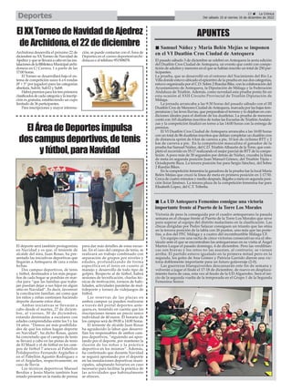 27 ç La Crónica
Del sábado 10 al viernes 16 de diciembre de 2022
Deportes
El pasado sábado 3 de diciembre se celebró en Antequera la sexta edición
del Duatlón Cros Ciudad de Antequera, un evento que contó con compe-
tición de adultos y menores en el que se habían inscrito un total de 250 par-
ticipantes.
La prueba, que se desarrolló en el entorno del Nacimiento del Río La
Villa donde estuvo ubicado el epicentro de la prueba en sus dos categorías,
estuvo organizada por el C.D. Sobre 2 Ruedas Bike, con la colaboración del
Ayuntamiento de Antequera, la Diputación de Málaga y la Federación
Andaluza de Triatlón. Además, como novedad esta prueba ponía fin en
esta ocasión al XXII Circuito Provincial de Triatlón Diputación de
Málaga.
La jornada arrancaba a las 9:30 horas del pasado sábado con el III
Duatlón Cros de Menores Ciudad deAntequera, marcada por las bajas tem-
peraturas y las leves lluvias, que preparaban el terreno y lo dejaban en con-
diciones ideales para el disfrute de los duatletas. La prueba de menores
contó con 165 duatletas inscritos de todas las Escuelas de TriatlónAndalu-
zas y la competición finalizó en torno a las 14:00 horas con la entrega de
premios.
El VI Duatlón Cros Ciudad de Antequera arrancaba a las 16:00 horas
con un total de 86 duatletas inscritos que debían completar un duatlón cros
de distancia sprint de 4 km de carrera a pie, 10 km de ciclismo BTT y 2
km de carrera a pie. En la competición masculina el ganador de la
prueba fue Samuel Núñez, del C.D. TriatlónAlhaurín de la Torre, que com-
pletó el recorrido en 55:17 realizando el mejor parcial de BTT de la compe-
tición. A poco más de 30 segundos por detrás de Núñez, cruzaba la línea
de meta en segunda posición Juan Manuel Gómez, del Triatlón Tíjola –
Ociodeporte Baza. La tercera posición fue para Sergio Sánchez, del Sobre
2 Ruedas Bikes.
En la competición femenina la ganadora de la prueba fue la local María
Belén Mejías que cruzó la línea de meta en primera posición en 1:17:50.
Cerca de cuatro minutos y medio después, llegaba a meta en segunda posi-
ción Itziar Jiménez. La tercera plaza de la competición femenina fue para
Elisabeth López, del C.T. Tribetta.
Victoria de peso la conseguida por el cuadro antequerano la pasada
semana en el choque frente al Puerto de la Torre Los Morales que sirve
para superar al equipo del distrito malacitano en la clasificación. Las
chicas dirigidas por Pedro Salazar consiguen un triunfo que las sitúa
en la tercera posición de la tabla con 26 puntos, uno más que las porte-
ñas, a dos del PFC Málaga y a cuatro del incombustible Málaga CF.
Un equipo con una racha de cinco victorias consecutivas era el obs-
táculo ante el que se encontraban las antequeranas en su visita al Ángel
Martos Luque el pasado domingo, 4 de diciembre. Pero las verdiblan-
cas son bravas y los retos no las asustan, al contrario, se vienen
arriba. El partido estuvo igualado en la primera mitad pero en la
segunda, los goles de Ana Gómez y Patricia Garrido dieron una vic-
toria doblemente importante para un futuro golaveraje (2-0).
Las guerreras blanquiverdes descansarán este fin de semana y
volverán a jugar el finde el 17-18 de diciembre, de nuevo en desplaza-
miento fuera de casa, esta vez al feudo de la UD Algarrobo. Será el ini-
cio de la segunda vuelta de la temporada en el Grupo 1 de la Segunda
Femenina Senior.
APUNTES
n Samuel Núñez y María Belén Mejías se imponen
en el VI Duatlón Cros Ciudad de Antequera
n La UD Antequera Femenino consigue una victoria
importante frente al Puerto de la Torre Los Morales
El deporte será también protagonista
en Navidad y es que, el teniente de
alcalde del área, Juan Rosas, ha pre-
sentado las iniciativas deportivas que
llegarán a Antequera de cara a estas
fechas.
Dos campus deportivos, de tenis
y fútbol, destinados a los más peque-
ños de cada hogar se pondrán en mar-
cha para “que las familias que traba-
jan puedan dejar a sus hijos en algún
sitio en Navidad”. Es decir, favorecer
la conciliación familiar, así como que
los niños y niñas continúen haciendo
deporte durante estos días.
Ambas iniciativas se llevarán a
cabo desde el martes, 27 de diciem-
bre, al viernes, 30 de diciembre,
estando destinadas a escolares con
edades comprendidas entre los 5 y los
14 años. “Damos así más posibilida-
des de que los niños hagan deporte
en Navidad”, ha dicho Rosas, quien
ha concretado que el campus de tenis
se llevará a cabo en las pistas de tenis
de El Maulí y el de fútbol en los cam-
pos de fútbol 7 anexos al Pabellón
Polideportivo Fernando Argüelles o
en el Pabellón Agustín Rodríguez o
en el Argüelles, respectivamente, en
caso de lluvia.
Los técnicos deportivos Manuel
Berdún y Jesús Marín también han
estado presente en la rueda de prensa
para dar más detalles de estas escue-
las. En el caso del campus de tenis, se
realizará un trabajo combinado con
separación de grupos por niveles y
edades, profundizando de forma
específica en el tenis en cuanto al
manejo y desarrollo de todo tipo de
golpes. Respecto al de fútbol, habrá
sesiones de tecnificación, charlas téc-
nicas de motivación, torneos de habi-
lidades, actividades paralelas de mul-
tideporte y torneo de videjuegos de
fútbol.
Las reservas de las plazas en
ambos campus ya pueden realizarse
a través del portal deportes.ante-
quera.es, teniendo en cuenta que las
inscripciones tienen un precio único
individual de 40 euros. El horario de
los campus será de 09:00 a 14:00 horas.
El teniente de alcalde Juan Rosas
ha agradecido la labor que desarro-
llan los responsables de ambos cam-
pus deportivos, “siguiendo así apos-
tando por el deporte, por mantener la
ilusión de los niños y la práctica
deportiva en los mismos”. Además,
ha confirmado que durante Navidad
se seguirá apostando por el deporte
en las instalaciones deportivas muni-
cipales, adaptando horarios en caso
necesario para facilitar la práctica de
las actividades que habitualmente
se ofrecen.
ElÁreadeDeportesimpulsa
doscampusdeportivos,detenis
yfútbol,paraNavidad
Archidona desarrolla el próximo 22 de
diciembre su XX Torneo de Navidad de
Ajedrezyquesellevaráacaboenlasins-
talacionesdelaBibliotecaMunicipalarchi-
donesa en C/ Carrera, 1 a partir de las
17:00 horas.
El Torneo se desarrollará bajo el sis-
tema de competición suizo 4 a 6 rondas
(8’+ 3’’por jugador) para las categorías
absoluta, Sub16, Sub12 y Sub8.
Habrápremiosparalostresprimeros
clasificadosdecadacategoríaylainscrip-
ción es gratuita, estableciendo un cupo
limitado de 36 participantes.
Para inscripciones y mayor informa-
ción, se puede contactar con el Área de
Deportes en el correo deportes@archi-
dona.es o al teléfono 951508078.
ElXXTorneodeNavidaddeAjedrez
deArchidona,el22dediciembre
 