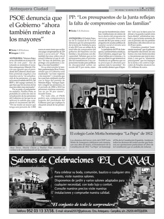 Antequera Ciudad                                                                                                                                              13      La Crónica
                                                                                                                                Del viernes 7 al viernes 14 de diciembre de 2012




PSOE denuncia que                                                      PP: “Los presupuestos de la Junta reflejan
el Gobierno “ahora                                                     la falta de compromiso con las familias”
también miente a                                                         Texto: E.R.Madrona                tras que las transferencias a fami-
                                                                                                           lias e instituciones sin ánimo de
                                                                                                           lucro dentro del programa de
                                                                                                                                                 tito "solo saca la tijera para los
                                                                                                                                                 demás y la guarda cuando mira
                                                                                                                                                 hacia dentro" refiriéndose tam-

los mayores”                                                           ANTEQUERA. El Partido Popu-
                                                                       lar de la ciudad de El Torcal
                                                                       denuncia que los presupuestos
                                                                                                           servicios sociales tienen un
                                                                                                           recorte del 50,3 por ciento y en el
                                                                                                           programa de ayudas públicas de
                                                                                                                                                 bién a que la Junta aumenta de
                                                                                                                                                 cara al próximo año las partidas
                                                                                                                                                 destinadas a alta dirección en un
                                                                       de la Junta de Andalucía para       carácter social el recorte será       33,39 por ciento.
                                                                       el año 2013 son un reflejo de la    del 50,51 por ciento.                     Corredera consideró "total-
  Texto: E.RMadrona                 euros en enero tenía que recibir   total falta de compromiso del           La presidenta del PPde Ante-      mente irracional" que el gobierno
                                    una paga compensatoria de 229      gobierno del bipartito con las      quera y parlamentaria andaluza,       del bipartito discrimine de esta
  Imagen: E.RM.                     euros y ya no será así”. Plata     familias y las personas con dis-    Ana Corredera, aseguró que "las       forma a los más desfavorecidos
                                    también fue muy crítico con el     capacidad. Señalan que en los       cifran hablan por sí mismas, y lo     y a las personas que más lo nece-
ANTEQUERA.”Mariano Rajoy            actual Gobierno al que le cali-    presupuestos para el próximo        que nos dicen es que tenemos en       sitan y cree que es "altamente
se ha convertido en el mayor tri-   ficó “de muy de derechas, que      año las transferencias a las cor-   Andalucía un gobierno que no          preocupante" que los impagos
lero de este país”. Así de          protege a los poderosos y cas-     poraciones locales para políticas   se preocupa en absoluto por           de la Junta a los centros espe-
rotundo se mostraba el socia-       tiga a los más humildes”.          de discapacidad sufren un           quienes más lo necesitan". En         ciales de Empleo alcancen los
lista antequerano Manolo Chi-           En su intervención la tam-     recorte del 51 por ciento, mien-    este sentido destacó que el bipar-    15,1 millones de euros.
cón que apuntó que el presi-        bién parlamentaria Rosa Torres,
dente del Gobierno ahora tam-       señaló que el Gobierno está
bién pretende engañar a los         mostrando “un trato vejatorio
mayores con la “no actualiza-       a los mayores” y recuerda que
ción de las pensiones, a lo que     las cosas han cambiado mucho
se le suma la subida del IVA, del   con la llega del partido de
IRPF y del copago sanitario, lo     Mariano Rajoy. “Aunque Zapa-
que hace que los recursos de los    tero congeló las pensiones, en
mayores estén más mermados”.        el período de 2004 a 2010 las
    Por su parte, el parlamenta-    pensiones mínimas aumenta-
rio andaluz, Paulino Plata, se      ron en un 50 por ciento”,
postulaba en contra de esta no      recordó Torres.
actualización de las pensiones          Por todo ello, el PSOE
del Gobierno en las que no se       pedirá una comparecencia
aplicará la subida que com-         urgente del presidente del
pense el crecimiento del IPC.       Gobierno para que explique la
“De ese modo un mayor que           situación actual de las pensio-
tenga una pensión de 1.000          nes.




                                                                        El colegio León Motta homenajea “La Pepa” de 1812
                                                                        Los alumnos del tercer ciclo del CEIP León            al Día de la Constitución Española. Asistieron
                                                                        Motta de Antequera celebraron esta semana,            todos los alumnos del centro escolar que hicie-
                                                                        con una obra de teatro, el bicentenario de la         ron sus aportaciones particulares al Libro de
 Rosa Torres, Manolo Chicón y Paulino Plata muestran su                 Constitución de 1812 “La Pepa” en homenaje            la Constitución que se acababa de redactar.
 rechazo a la no actualización de las pensiones.
 