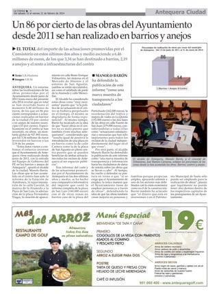 Antequera Ciudad

La Crónica
4
Del sábado 15 al viernes 21 de febrero de 2014

Un 86 por cierto de las obras del Ayuntamiento
desde 2011 se han realizado en barrios y anejos
EL TOTAL del importe de las actuaciones promovidas por el
Consistorio en estos últimos dos años y medio asciende a 6,46
millones de euros, de los que 3,34 se han destinado a barrios, 2,19
a anejos y el resto a infraestructuras del centro
Texto: E.R.Madrona
Imagen: E.R.M.
ANTEQUERA. Un informe
sobre las localizaciones de las
obras promovidas por el
Ayuntamiento desde junio de
2011 hasta enero del presente
año 2014 revelan que en total
se han invertido hasta el
momento 6,46 millones de
euros, de los que un 86 por
ciento corresponden a actuaciones realizadas en barrios
de la ciudad (53 por ciento)
o en anejos de nuestro municipio (33 por ciento). Específicamente en el centro se han
invertido, en obras, un montante global de 927.892 euros,
por los 3,34 millones de euros
invertidos en barrios o los
2,19 de los anejos.
“Estos datos vienen a confirmar el esfuerzo inversor
que el Ayuntamiento de Antequera viene realizando desde
junio de 2011, con la entrada
del Equipo de Gobierno del
PP, en los barrios y anejos de
Antequera”, apuntó el alcalde
de la ciudad, Manolo Barón.
Las obras que se han acometido en el centro han sido la
reforma de la Estación de
Autobuses, la repavimentación de la calle Garzón, la
mejora de la Alameda y la
Plaza de San Luis, la adecuación de la plaza Fernández
Viagas, la creación de aparca-

miento en calle Beato Enrique
Vidaurreta, las mejoras en el
Mercado de Abastos y el
entorno de San Agustín,
(ambas se están ejecutando),
así como el asfaltado de parte
de la Alameda y calle Merecillas.
El Alcalde ha considerado
estas obras como “muy necesarias” puesto que “si la política de no actuación en el centro se hubiera perpetuado
en el tiempo, el mismo se
degradaría de forma exponencial”. Al mismo tiempo,
Barón ha recalcado en la idea
de que “hacer obras en el centro no es malo puesto que
también viven muchos antequeranos”, considerando que
“resulta igual de positiva la
remodelación de una plaza en
un barrio como la de calle
Cantera como la de la plaza
de San Agustín en pleno centro puesto que se pueden
beneficiar de ambas actuaciones todos los vecinos de Antequera al ser espacios públicos”.
Tras informar del coste y
de las actuaciones promovidas por el Ayuntamiento de
Antequera en los dos últimos
años y medio, se ha hecho
una comparativa informativa
del importe que costó la
reforma completa de la plaza
de San Luis (160.000 euros)
con el de otras zonas en
barrios caso de la plaza del

MANOLO BARÓN
ha defendido la
publicación de este
informe “como una
nueva muestra de
transparencia a los
ciudadanos”
Portichuelo (162.000 euros), la
reordenación del tráfico y
mejora de viales en La Quinta
(152.000 euros) o las dos fases
de las obras en calle Fuente de
San Juan (279.000 euros), considerándolas a todas ellas
como “actuaciones satisfactorias y necesarias que han sido
importantes para todos los
vecinos de la ciudad independientemente del lugar en el
que viven”,
Por otra parte, el alcalde
Manolo Barón ha defendido
la publicación de este informe
como “una nueva muestra de
transparencia e información
hacia los ciudadanos de datos
de interés sobre las obras que
se llevan a cabo”. Al tiempo,
ha vuelto a defender su postura en torno a que “si se
exige que el Ayuntamiento dé
empleo, la única manera que
el Ayuntamiento tiene de
emplear personas es a través
de obras”, defendiendo la
idea de que las obras también
crean mejoría en personas y

El alcalde de Antequera, Manolo Barón, y el concejal de
Urbanismo, José Ramón Carmona, señalan los porcentajes de las
zonas donde se han acometido las obras. Barrios, centros y anejos.

familias porque propician
empleo, apoyando además a
uno de los sectores más debilitados con la crisis económica
como es el de la construcción.
Barón también ha aclarado
que “el dinero que está en
inversiones o en el Patrimo-

nio Municipal de Suelo sólo
puede ser empleado para la
realización de obras”, puesto
que legalmente no puede
tener otro destino dentro de
los respectivos capítulos de
los presupuestos de un Ayuntamiento.

 