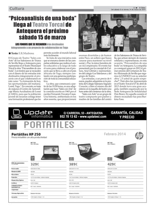 Cultura

23
El Efebo
Del sábado 8 al viernes 14 de marzo de 2014

“Psicoanalisis de una boda”
llega al Teatro Torcal de
Antequera el próximo
sábado 15 de marzo
LOS FONDOS QUE SE RECAUDEN irán destinados
integramente a un proyecto de colaboración en Togo
Texto: E.R.Madrona
El Grupo de Teatro "Sales con
Arte" de los Salesianos de Triana
de Sevilla llega a Antequera para
representar en el Teatro Municipal
Torcal la obra "Psicoanálisis de una
boda". Los fondos que se recauden
con el dinero de las entradas irán
destinados íntegramente al proyecto con el que colaboramos en
este curso "La formación de hoy,
las oportunidades del mañana.
Lomé, Togo.". En concreto, se trata
de mejorar el Centro de Aprendizaje María Auxiliadora de Lomé
(CAMA), para que la población
juvenil sin recursos consiga tener
una formación profesional que les

permita acceder al mundo laboral
más fácilmente.
Se trata de una iniciativa más
que se enmarca dentro de las campañas solidarias que realiza el centro educativo a lo largo de todo
el curso para colaborar con el proyecto que se lleva a cabo en el país
africano de Togo, siempre contando con una generosa participación de toda la comunidad educativa.
La obra, que comenzará a partir de las 19:30 horas, es una adaptación que hace "Sales con Arte" de
la comedia escrita en 1965 por el
escritor Fernando Vizcaíno Casas.
Una historia, ambientada en los
años sesenta, que proporcionará

escenas divertidas y de humor
entre Paco, un soltero que busca
casarse para mantener su nivel
social, y Paz, la única heredera de
un rico empresario. El evento fue
presentado por la concejal de Cultura, Ana Cebrián y representantes del colegio Los Salesianos y del
grupo de Teatro.
Las entradas, a un precio de 6
euros, pueden adquirirse en la portería del Colegio Salesiano Sagrado
Corazón, o bien el mismo día del
estreno en la taquilla del teatro una
hora antes del comienzo de la obra.
"Sales con Arte" es un grupo de
teatro compuesto por padres y
madres de las familias del centro

de los Salesianos de Triana de Sevilla, que actúan siempre de manera
solidaria y representaran, en esta
ocasión, "Psicoanálisis de una
boda" en Antequera. La compañía
ya consiguió ganar en 2012 el primer premio del Certamen de Teatro Aficionado de Sevilla que organiza la UNESCO con su anterior
obra "¿Y usted de quién sospecha?". Está obra fue representada
en el Teatro Torcal el 27 de abril de
2013 donde tuvo una gran acogida, también organizado por la
Sede Antequera de Solidaridad
Don Bosco. En aquella ocasión el
dinero recaudado fue para Burkina Faso.

 
