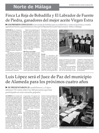 Norte de Málaga
Del sábado 28 de junio al viernes 4 de julio de 2014
Finca La Reja de Bobadilla y El Labrador de Fuente
de Piedra, ganadores del mejor aceite Virgen Extra
LOSPREMIOSCONLLEVANelenvasadodebotellasparasuexhibiciónyventaenlasferiasyeventos
agroalimentariosygastronómicosalosquelaDiputaciónacudebajolamarca‘SaboraMálaga’
Luis López será el Juez de Paz del municipio
de Alameda para los próximos cuatro años
COMARCA. La vicepresi-
denta de Diputación, Ana
Mata, destacó la calidad y el
esfuerzo de las almazaras de
la provincia de Málaga en el
acto de entrega de los XIII
Premios al Mejor Aceite de
Oliva Virgen Extra que orga-
niza la Diputación en el seno
de la marca promocional
‘Sabor a Málaga’. Finca la
Reja de Bobadilla y El Labra-
dor de Fuente de Piedra han
sido los ganadores en las
categorías de frutado intenso
y frutado medio, respectiva-
mente.
Ana Mata ha presidido el
acto de entrega, que ha con-
tado también con la presen-
cia del diputado de Turismo
y Promoción del Territorio,
Jacobo Florido. Por parte de
Finca La Reja ha recogido el
galardón su director inge-
niero agrónomo, Víctor
Manuel Pérez, mientras que
por parte de El Labrador han
acudido los propietarios,
Andrés López y sus hijos
José Manuel y Rosario.
Mata ha recordado que el
premio, aparte de incluir a
las almazaras vencedoras en
el circuito de promoción y
comercialización nacional e
internacional de la marca
‘Sabor a Málaga’, conllevan
el envasado de botellas y
envases de diferentes capa-
cidades para su exhibición y
venta en las ferias y eventos
agroalimentarios y gastronó-
micos a los que la Diputa-
ción acude bajo la marca
‘Sabor a Málaga’.
800 litros envasados
Así, se han envasado un total
de 800 litros (400 litros por
cada variedad a concurso),
para embotellar 30.000
monodosis de 25 mililitros,
15.000 de cada almazara.
También se han adquirido
400 botellas de un cuarto de
litro a cada almazara gana-
dora para su presentación en
los citados eventos promo-
cionales de ‘Sabor a Málaga’.
Se trata del tercer año conse-
cutivo que Finca La Reja de
Bobadilla se hace con el pre-
mio en la variedad de fru-
tado intenso. Esta almazara
recibió la temporada anterior
multitud de distinciones por
su aceite, entre las que des-
tacan el premio Alimentos
de España al Mejor Aceite de
Oliva Virgen Extra del
Ministerio de Agricultura; el
premio al mejor de produc-
ción ecológica, también del
Ministerio, o el premio ‘Best
of Class’ de la New York
International Olive Oil Com-
petition (NYIOOC), entre
otras.
Jurado
Según el dictamen del
jurado, esta muestra gana-
dora es “aceituna verde, con
predominio de notas herbá-
ceas, a hierba recién cortada
y tomatera, recuerdos fruta-
les de manzana y plátano
verde, y alloza con toques
cítricos. Su entrada en boca
es muy elegante, con ligero
amargor y picor en progre-
sión. En el retrogusto des-
tacan, de nuevo, las notas
herbáceas y persisten la alca-
chofa y el plátano verde.
Aceite complejo, armónico y
equilibrado”.
Por su parte, la vencedora
en frutado medio de El
Labrador de Fuente de Pie-
dra se ha definido como
“aceituna y otras frutas, des-
tacan con intensidad la
almendra y el plátano verde.
Su entrada en boca es dulce,
fluida, con amargor casi
imperceptible y ligero picor.
En el retrogusto aparece el
recuerdo del plátano y notas
de alcachofa”.
Entrega de premios
ALAMEDA. Los vecinos de
Alameda han querido que
sea Luis López Ruiz el nuevo
juez de paz de la localidad.
La votación popular organi-
zada por el Ayuntamiento,
en la que participaban unos
25 candidatos, elegía a Luis
como juez de paz con 172
votos sobre los 560 que han
participado en la consulta.
En segundo lugar ha que-
dado Antonio Ávila Capitán,
con 53 votos, que se convierte
en el primer suplente.
Desde las nueve de la
mañana y hasta las ocho de
la tarde del pasado domingo
los vecinos del municipio de
Alameda tuvieron la posibi-
lidad de depositar su voto en
la urna habilitada en el
Ayuntamiento. Tras el
recuento, sobre las 21:00
horas, ya se sabía quien era
el ganador. El equipo de
gobierno llevó al pleno, para
el nombramiento de este juez
de Paz, que se celebró en la
jornada del pasado jueves
desde las ocho de la tarde, y
donde se ratificó “la decisión
tomada por el pueblo”, como
así lo apuntó el alcalde de
Alameda, Juan Lorenzo
Pineda.
“Consideramos que una
participación de 560 perso-
nas es un buen punto de par-
tida para futuras consultas”.
Pineda añade que “teniendo
en cuenta que es la primera
vez que se hace en el munici-
pio y que, por tanto, no hay
una cultura de participación
entre la población considera-
mos que la participación ha
sido satisfactoria”. Se pre-
tende continuar con esta
práctica para que “cada vez
más los vecinos puedan par-
ticipar y decidir sobre las
cuestiones del Ayunta-
miento”. Resalta que “solo
desde esta óptica de partici-
pación se puede acabar con
la corrupción y el desencanto
hacia la política, y solo desde
esta línea de trabajo se puede
construir un nuevo modelo
de política que apueste por
la ciudadanía y no por la
especulación financiera y los
intereses de unos pocos”.
Concluye afirmando que
“los juzgados de paz son el
primer escalón de la estruc-
tura judicial del estado. Ala-
meda lo ha renovado de
forma democrática y sin poli-
tizar la justicia, ojalá a nivel
autonómico y nacional exis-
tiera la misma independen-
cia del poder legislativo y el
poder judicial”.
El alcalde Juan Lorenzo Pineda durante las votaciones.
SE PRESENTARON 25 candidaturas, y López
obtenía 172 votos sobre las 560 personas que han
participado en esta consulta popular
 