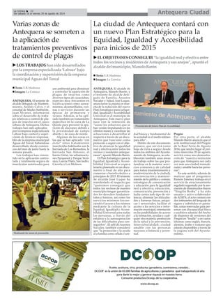 Varias zonas de
Antequera se someten a
la aplicación de
tratamientos preventivos
de control de plagas
ANTEQUERA. El teniente de
alcalde delegado de Manteni-
miento, Andrés Calvo, y el
concejal de Medio Ambiente,
Juan Álvarez, informaron
sobre el desarrollo de traba-
jos relativos a control de pla-
gas de insectos en el casco
urbano de Antequera. Dichos
trabajos han sido aplicados
por la empresa especializada
Labsur bajo control y super-
visión de técnicos responsa-
bles de la empresa municipal
Aguas del Torcal, habiéndose
desarrollado desde comien-
zos del mes de junio hasta la
semana pasada.
Los trabajos han consis-
tido en la aplicación contro-
lada y totalmente segura de
insecticidas autorizados para
uso ambiental para disminuir
y controlar la aparición de
plagas de insectos como
diversos tipos de cucarachas,
especies muy frecuentes en
localizaciones como sanea-
mientos, alcantarillados, coci-
nas o servicios durante las
épocas de primavera y
verano. Además, se ha apli-
cado también un tratamiento
específico en la zona de La
Quinta para prevenir la apa-
rición de alacranes debido a
la proximidad de campo
abierto y de zona de monte.
Algunas de las zonas en
las que se han aplicado “con
éxito” estos tratamientos
insecticidas habituales son la
barriada de Los Remedios, la
barriada San Antonio, el
barrio Girón, las urbanizacio-
nes Parquesol y Parque Veró-
nica, García Prieto, San Isidro,
Cazorla o Los Molinos.
La ciudad de Antequera contará con
un nuevo Plan Estratégico para la
Equidad, Igualdad y Accesibilidad
para inicios de 2015
ANTEQUERA. El alcalde de
Antequera, Manolo Barón, y
el teniente de alcalde dele-
gado de Familia, Asuntos
Sociales y Salud, José Luque,
anunciaron la puesta en mar-
cha de la redacción del nuevo
Plan Estratégico para la Equi-
dad, Igualdad y Accesibilidad
Universal en el municipio de
Antequera. Este nuevo plan
nace con la intención de
“aunar los esfuerzos que se
han venido impulsando en los
últimos meses y coordinar las
actuaciones a desarrollar al
respecto a través de un docu-
mento que funcione como
protocolo a seguir con el obje-
tivo de alcanzar la igualdad
real y efectiva entre todos los
vecinos y residentes anteque-
ranos”, apuntó Manolo Barón.
El Plan Estratégico para la
Equidad, Igualdad y Accesi-
bilidad Universal se espera
tenerlo plasmado en un docu-
mento a final de año para
comenzar a hacerlo efectivo a
principios de 2015. El teniente
de alcalde José Luque ha
manifestado al respecto que
“queremos conseguir que
todos los vecinos de nuestro
municipio tengan garantiza-
dos los derechos fundamen-
tales y básicos, así como los
servicios mínimos favore-
ciendo el acceso a los mismos
mediante la cultura de la
Equidad, Igualdad y Accesi-
bilidad Universal para todas
las personas, a través del
esfuerzo y la autosuperación
de las dificultades para con-
seguirlos”. El edil de Asuntos
Sociales, también consideró
que “la promoción y la ayuda
a la familia como célula o uni-
dad básica y fundamental de
la sociedad es el medio idóneo
para ello”.
Dentro de este documento
pionero, que servirá como
hoja de ruta a seguir desde
todos los ámbitos del Ayunta-
miento de Antequera, se esta-
blecerán también unas áreas
de trabajo sobre las que pro-
fundizar en la materia: servi-
cios comunes y de calidad
para todos (mantenimiento y
modernización de la ciudad);
concienciación y manteni-
miento de lo público y común;
estrategias de comunicación
y educación para la igualdad
real y efectiva; educación,
comunicación, prevención y
lucha contra todo tipo de vio-
lencia; eliminar las dificulta-
des y barreras físicas, psíqui-
cas y sensoriales; facilitar el
acceso a los servicios e infor-
mación municipal; orientación
en las posibilidades de acceso
a la formación, ayudas y cual-
quier otra materia; promoción
de la salud y la prevención;
Interculturalidad; ciudad
amable con las personas
mayores; e Infancia y juven-
tud.
Pregón
Por otra parte, el alcalde
Manolo Barón anunció que el
acto institucional del Pregón
de la Real Feria de Agosto
2014, que tendrá lugar el pró-
ximo miércoles 20 de agosto,
servirá como una demostra-
ción de “nuestra intención
para que Antequera sea cada
vez más una ciudad normali-
zada y amable hacia las perso-
nas”.
En este sentido, además de
matizar que el pregonero
Ramón Jiménez trabaja en el
servicio de estacionamiento
regulado regentado por la aso-
ciación de disminuidos físicos
“Singilia Barba” y ha sido
usuario y activo colaborador
de ADIPA, el acto contará con
dos intérpretes del lenguaje de
signos y subtítulos en panta-
llas, zonas reservadas para per-
sonas con discapacidad física
o auditiva además del hecho
de disponer de versiones del
Pregón en “braille” y en varios
idiomas como inglés, francés,
alemán, árabe o rumano que
estarán disponibles a través de
la página web del Ayunta-
miento.
ELOBJETIVOESCONSEGUIR”laigualdadrealyefectivaentre
todoslosvecinosyresidentesdeAntequeraysusanejos”,apuntóel
alcaldedelmunicipio,ManoloBarón
Antequera CiudadLa Crónica 10
Del sábado 16 al viernes 29 de agosto de 2014
LOSTRABAJOShansidodesarrollados
porla empresaespecializada‘Labsur’bajo
lacoordinaciónysupervisióndelaempresa
municipalAguasdelTorcal
Texto: E.R.Madrona
Imagen: La Crónica
Realizando las tareas de prevención.
Presentación del futuro Plan de Accesibilidad.
Texto: E.R.Madrona
Imagen: La Crónica
 