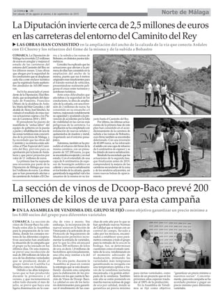 Norte de MálagaLa Crónica 26
Del sábado 29 de agosto al viernes 4 de septiembre de 2015
La Diputación invierte cerca de 2,5 millones de euros
en las carreteras del entorno del Caminito del Rey
LAS OBRAS HAN CONSISTIDO en la ampliación del ancho de la calzada de la vía que conecta Ardales
con El Chorro y los refuerzos del firme de la misma y de la subida a Bobastro
COMARCA. La Diputación de
Málagahainvertido2,5millones
deeurosenarreglarymejorarel
estado de las carreteras del
entornodelCaminitodelReyen
los últimos meses. Unas obras
que abogan por la seguridad de
losconductoresquesedesplazan
cada día a este enclave turístico
queharegistradohastaseptiem-
bre alrededor de 165.000 reser-
vas.
Así lo ha anunciado el presi-
dentedelaDiputación,ElíasBen-
dodo,queacompañadodeldipu-
tado de Fomento, Francisco
Oblaré; de la alcaldesa deArda-
les,MaríadelMarGonzález,ydel
alcaldedeÁlora,JoséSánchez,ha
visitadoelresultadodeestasnue-
vas actuaciones sujetas a los Pla-
nes de Carreteras 2014 y 2015.
El presidente ha puesto de
manifiesto la “ardua labor” del
equipo de gobierno en la puesta
apuntoyrehabilitacióndeunade
laszonasturísticasmásconcurri-
das de la provincia de Málaga, y
ha recordado que las obras del
Caminitoysuentornoestánads-
critas al Plan Especial del Cami-
nito del Rey, previsto para su
aprobaciónporlaJuntadeAnda-
lucía y que prevé proyectos por
valor de 11 millones de euros.
La primera fase ha supuesto
una inversión por parte de la
Diputación de Málaga que roza
los5millonesdeeuros.Lasobras
que se han presentado afectan a
lascarreterasdeArdalesaElCho-
rro, y la subida a las ruinas de
Bobastro,endistintospuntoskilo-
métricos.
Gonzálezhaexplicadoquelas
actuaciones que afectan a la pri-
meradeellashanconsistidoenla
ampliación del ancho de la
misma, puesto que sus 4 metros
originaleseraninsuficientespara
el tránsito normal de vehículos,
presentándose realmente peli-
grosa el cruce entre turismos y
autobuses turísticos.
Ante estas dificultades que
afectaban a la seguridad de los
conductores, la obra de amplia-
cióndelacalzada,conunainver-
sión de 2 millones de euros, ha
consistido en su ensanche a 6
metros,mejorandonotablemente
sucapacidadyayudandoalapre-
vencióndeaccidentesporlafalta
de visibilidad en las curvas más
peligrosas de la carretera. La
ampliaciónsehacompletadocon
instalación de nuevas señales y
quitamiedos de madera y metal,
respetando así el entorno paisa-
jístico.
Asimismo,tambiénsehapro-
cedidoalrefuerzodelfirmedela
misma carretera, con un presu-
puesto de 327.200 euros, ya que
seencontrabaenvejecidoyenmal
estado. Con el extendido de una
capa de 8 centímetros de espe-
sor de hormigón asfáltico en
calienteyunanuevaseñalización
enlosbordesdelacalzada,queda
garantizadalaseguridadvialalos
usuarios de la misma en su tra-
yecto hasta el Caminito del Rey.
Porúltimo,lasúltimasactua-
ciones de la primera fase de este
plan han consistido en el acon-
dicionamiento de la carretera de
subida a las ruinas de Bobastro,
cuyofirmetambiénseencontraba
deteriorado. Con una inversión
de 60.489 euros, se ha reforzado
elasfaltoconunacapaderefuerzo
de 6 centímetros de espesor y se
hadotadodenuevaseñalización.
Bendodoharecordadoquelas
actuaciones de la segunda fase,
que finalizarán antes de 2019,
comprenderá la mejora de las
carreterassecundariasdelazona
y de los senderos adyacentes, así
como nuevas bolsas de aparca-
miento.
La sección de vinos de Dcoop-Baco prevé 200
millones de kilos de uva para esta campaña
EN LA ASAMBLEA DE VENDIMIA DEL GRUPO SE FIJÓ como objetivo garantizar un precio mínimo a
los 8.000 socios del grupo para diferentes varietales
COMARCA. La sección de
vinos de Dcoop-Baco ha cele-
brado estos días la Asamblea
para la preparación de la ven-
dimia, donde los consejos rec-
tores de las diferentes coopera-
tivas asociadas han analizado
la situación de la campaña que
el grupo ya ha iniciado en los
últimos días. De esta manera,
se prevé una recolección de
más de 200 millones de kilos de
uva de las distintas variedades
que se producen desde el
grupo tanto en Castilla-La
Mancha como en Andalucía.
Debido a las altas tempera-
turas que se han producido
durante la primavera y el
verano, y que incrementaron
sobre todo durante el mes de
julio, se prevé que haya una
ligera disminución en la cose-
cha de vino y mosto. Sin
embargo, la incorporación de
nuevos socios en la Sección de
Vinos junto a la activación de un
Protocolo de Seguimiento de
Maduración permitirá incre-
mentar la entrada de varietales,
por lo que la cifra alcanzará
dichos 200 millones de kilos
de uva, es decir, 1,8 millones de
hectolitros aproximadamente,
una cifra muy similar a la del
pasado año.
Por otra parte, durante la
Asamblea se puso en común
la estrategia que se está desarro-
llando durante esta campaña
para la elaboración de los pro-
ductos con los que cuenta la Sec-
ción de Vinos de Dcoop- Baco.
La calidad es uno de los facto-
res determinantes para garanti-
zar el rendimiento de las cose-
chas de este año por lo que se
han aprobado nuevas Normas
de Calidad que se inician con un
control de campo, llevado a
cabo por los técnicos, encami-
nados a establecer unos pará-
metros comunes a todo el grupo
para la entrada de la uva en la
bodega. Así, se determinan
cuestiones como el estado sani-
tario de la uva, vendimiando en
el momento adecuado de
maduración, mimando las
variedades más tempranas
garantizando su recogida con
una temperatura óptima a tra-
vés de la vendimia nocturna
mecanizada, o la gestión antici-
pada de la vendimia. También
este año se están poniendo en
marcha nuevas normas de pago
de uva por calidad, donde se
garantiza un precio mínimo
para ciertas variedades, como
inicio de un proyecto que en los
próximos años esperan trasla-
dar al 100% de la producción.
En la Asamblea de Vendi-
mia se fijó como objetivo
“garantizar un precio mínimo a
nuestros socios”. Concreta-
mente, para esta campaña se ha
acordado premiar y pagar un
precio mínimo para diferentes
varietales.
 