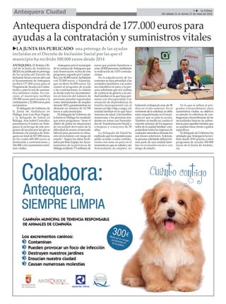 9 ç La Crónica
Del sábado 21 al viernes 27 de mayo de 2016Antequera Ciudad
Antequera dispondrá de 177.000 euros para
ayudas a la contratación y suministros vitales
uLA JUNTA HA PUBLICADO una prórroga de las ayudas
incluidas en el Decreto de Inclusión Social por las que el
municipio ha recibido 500.000 euros desde 2014
ANTEQUERA. El Boletín Ofi-
cial de la Junta de Andalucía
(BOJA)hapublicadolaprórroga
de las ayudas del Decreto de
Inclusión Social a través del cual
el Ayuntamiento de Antequera
recibirá 177.000 euros para el
ProgramadeAyudaalaContra-
tación y para la red de suminsi-
tros mínimos vitales. En con-
creto, el municipio recibirá
155.000 euros para ayudas a la
contratación y 22.000 euros para
suministros.
El delegado de Gobierno de
la Junta de Andalucía en
Málaga, José Luis Ruiz Espejo,
y la delegada de Salud en
Málaga, Ana Isabel González,
presentaron el martes en Ante-
quera la prórroga de este pro-
grama de ayudas por las que se
destinará a la comarca deAnte-
quera un total de 827.000 euros,
de los cuales 680.000 euros se
destinarán a contrataciones y
166.000 a los suministros míni-
mos vitales.
Antequera será el municipio
delacomarcadeAntequeraque
más financiación reciba de este
programa, seguido por Campi-
llos,con56.000euros;Archidona
con 52.000 euros, y Alameda,
que recibirá 56.000 euros. En
cuanto al programa de ayuda
a las contrataciones, la cuantía
se divide entre losAyuntamien-
tos en función del número de
personas paradas registradas
como demandantes de empleo
durante2015,garantizándoseno
obstante un mínimo de 10.700
euros a cada municipio.
El delegado de Gobierno de
la Junta en Málaga ha resaltado
que estos programas “tiene el
objeto de paliar las situaciones
de necesidad derivadas de la
dificultad de acceso al mercado
laboral para personas en situa-
ción de exclusión o en riesgo de
estarlo”. Según los datos facili-
tadosporRuizEspejo,losAyun-
tamientos de la provincia de
Málagarecibirán7,5millonesde
euros que podrán beneficiar a
unas18.000personas,facilitando
la realización de 3.670 contrata-
ciones.
En la adjudicación de los
contratos se dará prioridad a las
unidades familiares con todos
sus miembros en paro; a la per-
sona solicitante que sea víctima
de violencia de género; a la uni-
dad familiar en la que haya per-
sonas con discapacidad o en
situación de dependencia; la
familia monoparental con al
menos un hijo o hija a cargo; a la
unidad familiar en la que haya
menores de edad; a las familias
numerosas; a las personas resi-
dentes en zonas con Necesida-
des de Transformación Social; y
a mujeres y a mayores de 50
años.
La delegada de Salud ha
explicadoquelosrequisitospara
poder acceder a estas contrata-
ciones son estar en paro en el
momentoenquesesolicitayser
demandante de empleo, no
habiendo trabajando más de 90
días en el año anterior. En el
momentodelasolicitud,sedebe
estar empadronado en el muni-
cipio en que se pida la ayuda.
Tambíen se tendrá en cuenta el
importemáximodelosingresos
netosdelaunidadfamiliar,com-
putándose todos los ingresos de
cualquiernaturalezadurantelos
seis meses anteriores. Además,
lapersonasolicitantedeberáfor-
mar parte de una unidad fami-
liar en exclusión social o con
riesgo de estarlo.
En lo que se refiere al pro-
grama extraordinario para
suministros vitales, su objetivo
es atender la cobertura de con-
tingenciasextraordinariasde las
necesidades básicas de subsis-
tenciaparaaquellasfamiliasque
no puedan hacer frente a gastos
específicos.
El delegado de Gobierno ha
señaladoqueAntequerahareci-
bido desde 2014 gracias a estos
programas de ayudas 500.000
euros de la Junta de Andalu-
cía.
 