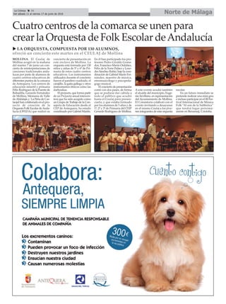 Norte de MálagaLa Crónica 36
Del sábado 11 al viernes 17 de junio de 2016
çCuatro centros de la comarca se unen para
crear la Orquesta de Folk Escolar deAndalucía
mOLLInA. El Ceulaj de
Mollina acogió en la mañana
del martes 7 de junio un con-
cierto de reinterpretaciones de
canciones tradicionales anda-
luzas por parte de alumnos de
cuatro centros educativos de
diferentes puntos de la comarca
de Antequera. Los centros de
educación infantil y primaria
Félix Rodríguez de la Fuente de
Bobadilla, Gerardo Fernández
de Mollina, Mestania de Valle
deAbdalajís y La Peña de Car-
taojal han colaborado en el pro-
yecto de creación de la
Orquesta Folk Escolar deAnda-
lucía (OFEDA) que realizó su
concierto de presentación en
este enclave de Mollina. La
orquesta está formada por 130
niños y niñas de 5º y 6º de Pri-
maria de estos cuatro centros
educativos. Los instrumentos
utilizados durante el concierto
fueron el pandero cuadrado, el
carajillo, la gaita gallega y otros
instrumentos étnicos como las
darboukas.
El proyecto, que forma parte
de un Proyecto anual intercen-
tros que ha sido acogido como
un Grupo de Trabajo de la Con-
sejería de Educación desde el
CEP de Antequera, ha estado
coordinado por Gabriel Martín.
En él han participado los pro-
fesores Pedro Giraldo Grana-
dos, Francisco Marín Ordóñez,
Félix de la Torre Peláez y Lour-
des Sánchez Rubio, bajo la coor-
dinación de Gabriel Marín Fer-
nández, maestro de música,
etnomusicólogo y psicopeda-
gogo musical.
El concierto de presentación
contó con dos pases, de forma
que se pudiese dar cabida a
todo el público que acudió
hasta el Ceulaj para presen-
ciarlo, y que estaba formado
por los alumnos de 5 años y de
1º, 2º y 3º de Primaria del CEIP
Gerardo Rodríguez de Mollina.
A este evento acudió también
el alcalde del municipio, Euge-
nio Sevillano, en representación
del Ayuntamiento de Mollina.
El Consistorio colaboró con el
evento invitando a desayunar
en el mismo Ceulaj a los jóve-
nes integrantes de esta orquesta
escolar.
En un futuro inmediato se
pretende realizar una mini gira
e incluso participar en el III Fes-
tival Internacional de Música
Folk “Al son de la Subbetica”
que tendrá lugar próxima-
mente en Benamejí, Córdoba.
u LA ORQUESTA, cOmpUESTA pOR 130 ALUmnOS,
ofreció un concierto este martes en el cEULAJ de mollina
 