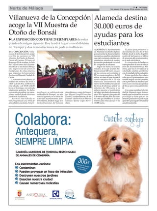 29 ç La Crónica
Del sábado 22 al viernes 28 de octubre de 2016Norte de Málaga
Villanueva de la Concepción
acoge la VII Muestra de
Otoño de Bonsái
uLA EXPOSICIÓN CONTIENE 25 EJEMPLARES de estas
plantas de origen japonés. Hoy tendrá lugar una exhibición
de ‘Kempo’ y dos demostraciones de poda simultáneas
Vva. CONCEPCIÓN. Villa-
nueva de la Concepción acoge
este fin de semana su VII
Muestra de Otoño de Bonsái.
Desde el viernes 21 hasta el
domingo 23 de octubre, la Sala
de Exposiciones del Ayunta-
miento de la localidad alberga
una exposición de unos 25
ejemplares de estas plantas
que organiza la Asociación
Amigos del Bonsái Ciudad de
Oscua.
La muestra está abierta al
público en horario de 10:00 a
14:00 y de 16:30 a 21:00 horas
este sábado, y de 10:00 a 14:00
horas el domingo, con entrada
totalmente gratuita. En dicha
exposición se podrán ver ejem-
plares traidos desde diversos
puntos de Andalucía.
Además, este sábado se
han programado una serie de
actividades paralelas. En pri-
mer lugar, se celebrará una
exhibición de ‘Kempo’, un arte
marcial japonés, en el salón de
actos del Ayuntamiento. Pos-
teriormente, tendrán lugar dos
demostraciones de bonsáis
simultáneas a cargo del maes-
tro Miguel Ángel González
Durán y, conjuntamente, de los
jóvenes talentos Iván Martín
Sarrias y Jaime López Pove-
dano.
Alameda destina
30.000 euros de
ayudas para los
estudiantes
ALAMEDA. El Ayuntamiento
de Alameda ha abierto el plazo
parapresentarladocumentación
necesariaaaquellosestudiantes
queesténcursandoestudiosuni-
versitarios, estudios de master,
formación profesional o el nivel
B1 o superior de idiomas.
Según las bases, la cuantía
máxima de la que podrán dis-
frutar será de 600 euros en caso
de las carreras universitarias y
FPpor curso completo, y de 300
euros, en caso de que no sea el
curso completo en la FP o la
matrícula universitaria sea
menorde40créditos.Encasode
las becas de idiomas, será de un
máximo de 150 euros, y se
deberá aportar el justificante
dehaberaprobadoelexamende
nivel B1 o superior después del
1deenerodelaño2016.Lacuan-
tía total que establece el ayunta-
miento para estas ayudas es de
30.000 euros.
El plazo para presentar la
documentación será de 30 días
hábiles desde la fecha de publi-
cación de las bases en el tablón
deanunciosdelayuntamientoy
en la sede electrónica.
La concesión de las becas
corresponderáaláreadeeduca-
ción del Ayuntamiento de Ala-
meda, que tras la revisión de la
solicitudes emitirá un informe
conelresultadodelaevaluación.
Estas medidas llevadas a
cabo por el Ayuntamiento pre-
tenden seguir evolucionando,
conlaprevisióndeañadirelpró-
ximo curso escolar una partida
de becas para educación infan-
til.
Con estas medidas, la locali-
dad de Alameda sigue demos-
trandoquelaeducaciónnoesun
privilegio y tiene que ser un
derechoparatodosaquellosque
apuestenporseguirformándose
académicamente.
 