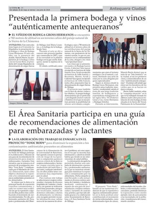 ANTEQUERA. El Área Sanita-
ria Norte de Málaga participa
en la elaboración y difusión de
una guía de recomendación de
alimentación para mujeres
embarazadas y lactantes. Esta
iniciativa, que se enmarca en el
proyecto de investigación cien-
tífica “Toxic Body” y estáfinan-
ciado por el Ministerio de Cien-
cia e Innovación, tiene como
objetivo disminuir la exposi-
ción a los contaminantes quí-
micos ambientales presentes en
los alimentados.
Se estima que la dieta es la
principal fuente de exposición
a muchos contaminantes, y
cada vez existen más eviden-
cias de que la exposición a algu-
nos de ellos podría estar contri-
buyendo al incremento de cier-
tas enfermedades. Por ello, pro-
fesionales sanitarios del Área,
junto a profesionales del Obser-
vatorio de la Alimentación de
la Universidad de Barcelona,
han querido conocer la percep-
ción de riesgo de la exposi-
ción a compuestos químicos
nocivos a través de la dieta en
mujeres embarazadas y lactan-
tes, etapas cruciales para la
maduración del individuo y,
por tanto, cualquier interferen-
cia con ellos podría tener con-
secuencias muy importantes
para la salud.
Para realizar este trabajo
se seleccionaron mujeres emba-
razadas y lactantes de diversos
hospitales de Cataluña yAnda-
lucía, con quienes se realizaron
entrevistas personales, etnogra-
fías focalizadas, análisis de
dominios culturales y diarios
de alimentación. La informa-
ción recogida permitió recopi-
lar información muy valiosa
acerca de las maneras de afron-
tar el problema, así como aspec-
tos en los que se necesita más
información y colectivos donde
habría que incidir en las inter-
venciones de salud pública.
La información recogida ha
permitido diseñar una cam-
paña de información a pacien-
tes y profesionales sanitarios,
en la que se muestran estrate-
gias para minimizar la exposi-
ción a contaminantes por vía
alimentaria. Dicha campaña se
está llevando a cabo actual-
mente en diversos centros sani-
tarios de Cataluña yAndalucía,
mediante conferencias y
reparto de una guía de reco-
mendación a mujeres embara-
zadas y lactantes de carácter
muy práctico, que han sido edi-
tadas gracias a la colaboración
entre Ayuntamiento de Barce-
lona y el Área Sanitaria Norte
de Málaga.
El proyecto “Toxic Body”,
basado en las numerosas evi-
dencias de que la exposición a
algunos contaminantes presen-
tes en la dieta podrían estar
contribuyendo al incremento
de ciertas enfermedades, como
determinados tipos de cáncer,
enfermedades del tiroides, dia-
betes o enfermedades cardio-
vasculares, pretende disminuir
la exposición a estos siendo
ejemplo claro de acercamiento
a las necesidades de la pobla-
ción y transferencia del conoci-
miento científico.
Antequera CiudadLa Crónica 10
Del sábado 26 de mayo al viernes 1 de junio de 2018
ç
u EL VIÑEDO DE BODEGA GROSS HERMANOS se encuentra
a 780 metros de altitud en un terreno calizo del paraje natural de
la Sierra de la Chimenea
ANTEQUERA. Este miércoles
tenía lugar en el Convento La
Magdalena la presentación de
la bodega y vinos de Bodega
Gross Hermanos. El acto con-
taba con la presencia del
alcalde, Manolo Barón, los pro-
pietarios de la bodega, Carlos
y Javier Gross Rein, el presi-
dente del Consejo Regulador de
denominación de origen Sierras
de Málaga, José María Losan-
tos, y el enólogo de la bodega,
Sergio Sanz.
Durante el acto se dió a
conocer este proyecto familiar
que comenzaba en 2007 y que
se ha convertido en la primera
bodega con la que cuentaAnte-
quera, siendo la séptima de la
comarca.
El viñedo, certificado como
Ecológico, nace a 780 metros de
altitud en el terreno calizo de
las estribaciones del paraje
natural de la Sierra de la Chi-
menea, con predomicio de los
vientos sureste, lo que en con-
sonancia con la continentalidad
de la zona, otrogan a los vinos
“una tipicidad única”.
Los vinos que se presenta-
ron junto a la Bodega fueron
Gross, Cabernet Sauvignon
envejecido en barricas de roble
francés; Ecos, Syrah envejecido
en barricas de roble francés; y
Bocatinta, Merlot, Syrah y
Cabernet Sauvignon envejecido
en barricas de roble francés;
todos ellos amparados bajo la
denominación de origen Sierras
de Málaga.
El proyecto nace también
con la idea de ofertar visitas a
los viñedos y la propia bodega,
destacándose que el particular
y privilegiado enclave natural
e histórico en el que se encuen-
tran permite la posibilidad de
ofrecer actividades comple-
mentarias que unen el turismo
enológico con el natural y cul-
tural, ofertando una serie de
rutas por la zona dirigidas por
guías especializados.
Según se destaca desde la
Bodega Gross Hermanos, este
proyecto aúna tradición, inno-
vación y modernidad, siendo el
fruto de una larga tradición
familiar de bodegueros y
exportadores malagueños de
los siglos XIX y XX (Federico
Gross y Cía., Gross Hermanos
y Bodegas Scholtz).
Durante su intervención,
Manolo Barón destacó que se
trata de un “hito histórico” en
la ciudad, al ser los primeros
vinos y comercializadora de un
vino “auténticamente anteque-
rano”. El primer edil señaló que
éstos son los herederos de los
caldos que ya se hacían en
época romana.
Barón habló también sobre
la “compleja situación” en la
que se ha trabajado durante los
últimos cuatro años para la ins-
talación de esta bodega al estar
situada en la Sierra del Torcal,
Patrimonio de la Humanidad.
Presentada la primera bodega y vinos
“auténticamente antequeranos”
El Área Sanitaria participa en una guía
de recomendaciones de alimentación
para embarazadas y lactantes
u LA ELABORACIÓN DEL TRABAJO SE ENMARCA EN EL
PROYECTO “TOXIC BODY” para disminuir la exposición a los
contaminantes ambientales presentes en alimentos
Imagen: Helena Huerta
 