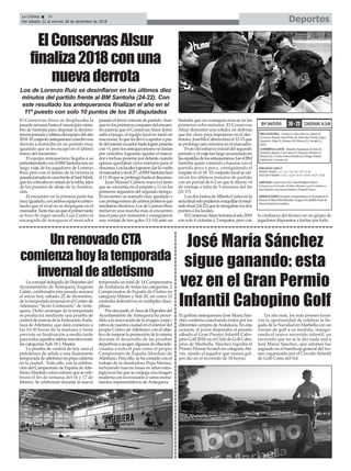ElConservasAlsur
finaliza2018conuna
nuevaderrota
Los de Lorenzo Ruiz se desinflaron en los últimos diez
minutos del partido frente al BM Santoña (24-22). Con
este resultado los antequeranos finalizan el año en el
11º puesto con solo 10 puntos de los 26 disputados
DeportesLa Crónica 36
Del sábado 22 al viernes 28 de diciembre de 2018
ç
UnrenovadoCTA
comienzahoylatemporada
invernaldeatletismoLaconcejaldelegadadeDeportesdel
Ayuntamiento de Antequera, Eugenia
Galán, confirmaba esta pasada semana
el inicio hoy, sábado 22 de diciembre,
delatemporadainvernalenelCentrode
Atletismo “Sexto Centenario” de Ante-
quera. Dicho arranque de la temporada
se producirá mediante una prueba de
controldemarcasdelaFederaciónAnda-
luza de Atletismo, que dará comienzo a
las 10:30 horas de la mañana y tiene
prevista su finalización a media tarde
paratodosaquellosatletasinscritosentre
las categorías Sub-18 y Master.
La prueba de control de hoy será el
pistoletazo de salida a una ilusionante
temporadadeatletismoenpistacubierta
en la ciudad.. Todo ello, con la celebra-
cióndelCampeonatodeEspañadeAtle-
tismoAbsolutocomoculmenquesecele-
brará el fin de semana del 16 y 17 de
febrero. Se celebrarán durante la nueva
temporada un total de 14 Campeonatos
de Andalucía de todas las categorías, 2
Campeonatos de España de Clubes en
categoría Máster y Sub 20, así como 12
controles federativos en múltiples disci-
plinas.
Porotraparte,elÁreadeDeportesdel
Ayuntamiento de Antequera ha proce-
didoalarenovacióndelaimagencorpo-
rativadenuestraciudadenelinteriordel
propio Centro de Atletismo con el obje-
tivodemejorarlapromocióndelamisma
durante el desarrollo de las pruebas
deportivasaacoger,algunasdeellastele-
visadas a todo el país como el propio
Campeonato de España Absoluto de
Atletismo.Paraello,sehacontadoconel
trabajo de la diseñadora Pepa Merino,
incluyendo nuevas lonas en sitios estra-
tégicosenlasqueseconjugaunaimagen
modernaconlaevocaciónavariosmonu-
mentos representativos deAntequera.
José María Sánchez
sigue ganando: esta
vez en el Gran Permio
Infantil Cabopino Golf
El golfista antequerano José María Sán-
chez continúa cosechando éxitos por los
diferentes campos deAndalucía. En esta
ocasión, el joven disputaba el pasado
sábado el Gran Premio Infantil Cabo-
pino Golf 2018, en el Club de Golf Cabo-
pino de Marbella. Sánchez lograba el
Primer Premio Scratch en categoríaAle-
vín, siendo el jugador que menos gol-
pes dio en el recorrido de 18 hoyos.
Un año más, los más jóvenes tuvie-
ron la oportunidad de celebrar la lle-
gada de la Navidad en Marbella con un
torneo de golf a su medida, inaugu-
rando el nuevo recorrido infantil, un
recorrido que no se le dio nada mal a
José María Sánchez, que además fue
segundo en el handicap general del tor-
neo organizado por el Circuito Infantil
de Golf Costa del Sol.
El Conservas Alsur se desplazaba la
pasada semana hasta el municipio cánta-
bro de Santoña para disputar la decimo-
tercerajornadayúltimadelequipodelaño
2018.Elconjuntoantequeranocosechóuna
derrota a domicilio en un partido muy
igualado que se les escapó en el último
tramo del encuentro.
El equipo antequerano llegaba a su
enfrentamientoconelBMSantoñatrasun
largo viaje de los jugadores de Lorenzo
Ruiz pero con el ánimo de la victoria la
pasadajornadaencasafrentealSantMartí,
quelescolocabaenmitaddelatabla,lejos
de los puestos de abajo de la clasifica-
ción.
El encuentro en la primera parte fue
muyigualado,conambosequiposcontro-
lando que el rival no se despegase en el
marcador.Tantofueasíqueelprimertanto
se hizo de rogar siendo Luis Castro el
encargado de inaugurar el marcador
pasado el tercer minuto de partido.Aun-
queenlosprimeroscompasesdelencuen-
tro parecía que el ConservasAlsur domi-
naba el juego, el equipo local no tardó en
reaccionar,loquelesllevóaapretarapar-
tirdelminutoecuadorhastalograrponerse
con+3,perolosantequeranosnosedarían
por vencidos, logrando igualar el marca-
doreinclusoponersepordelantecuando
apenas quedaban cinco minutos para el
descanso.Loslocaleslograrondarlavuelta
almarcadoryenel27’,elBM Santoñahizó
el11-10queseprolongóhastaeldescanso.
Juan Manuel Cabrera marcó el tanto
que se convertía en el empate a 11 en los
primeros segundos del segundo tiempo.
El encuentro se reanudó muy igualado y
conprotagonismodeambosporterosque
resultarondecisivos.LosdeLorenzoRuiz
metieron una marcha más al encuentro
traselpasoporvestuariosyconsiguieron
una ventaja de tres goles (11-14) ante un
Santoña que no conseguía marcar en los
primeros ocho minutos. El Conservas
Alsur demostró una solidez en defensa
que fue clave para imponerse en el elec-
trónico.JuanMaCabrerahizóel12-15que
se prolongo seis minutos en el marcador.
Frutodelesfuerzoinicialdelsegundo
periodoyelviajetanlargoacumuladoen
lasespaldasdelosantequeranos,fueelBM
Santoña quien comenzó a hacerse con el
partido poco a poco, consiguiendo el
empate en el 18’. El conjunto local se cre-
ció en los últimos minutos de partido
con un parcial de 6-2 en que le dieron +4
de ventaja a falta de 5 minutos del fin
(21-17).
LosdostantosdeAlbertoCastroenla
rectafinalsólopudieronmaquillarelresul-
tadofinal(24-22)queleotorgabanlosdos
puntos a los locales.
ElConservasAlsurterminaelaño2018
con solo 4 victorias y 2 empates, pero con
la confianza del técnico en un grupo de
jugadores dispuestos a luchar por todo.
 