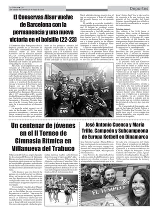 DeportesLa Crónica 36
Del sábado 4 al viernes 10 de mayo de 2019
ç
Villanueva del Trabuco acogió el pasado
fin de semana el II Torneo de Gimnasia
Rítmica en el que un centenar de jóvenes
deportistas participaron en las diferen-
tes modalidades grupales e individuales
donde la alta calidad artística técnica
ha sido el común denominador de la jor-
nada.
Cabe destacar que este deporte ha
ganado en popularidad en los últimos
años y en los que en sólo dos ediciones
este tipo de encuentro deportivo se ha
configurado como una de las citas de
referencia en la agenda deportiva del
municipio.
El concejal de Deportes, José Miguel
Ortigosa, mostró su plena satisfacción
por ver la calidad de este encuentro
deportivoenlalocalidad.“Hoyesundía
en el que hay que reconocer y agradecer
a todas las personas y clubes que con
su dedicación y esfuerzo hacen posible
que se desarrolle este segundo torneo.
Una mención especial a todas las gim-
nastas, padres y madres y alas técnicas
deportivas que lo hacen posible”, dijo.
Localidades como Villanueva de
Algaidas, Archidona, Campillos, Teba,
LosCorrales,SierradeYeguas,entreotras
participaron en este torneo.Además, los
asistentes pudieron disfrutar de un ser-
vicio de barra para recaudar fondos des-
tinados al Club de Gimnasia local.
José Antonio Cuenca y María Trillo se
han proclamado recientemente cam-
peón y subcampeona, respectiva-
mente de Europa de Ketbell en el
Campeonato de la IKFM disputado
en Dinamarca.
José Antonio ha aprovechado las
redes sociales desde Dinamarca para
agradecer a todos los que le han
acompañado en este trabajo que le ha
llevado a la consecución del título.
Entre ellos al presidente de la Fede-
ración Española de la disciplina, Kike
Quesada, y a sus entrenadores de
CAR El Templo de Antequera, Pablo
Ramos y Fernando García. Igual-
mente ha tenido palabras de agrade-
cimiento para su compañera, María
Trillo, por los mensajes de ánimo y
aliento.
José Antonio Cuenca y María
Trillo, Campeón y Subcampeona
de Europa Ketbell en Dinamarca
Un centenar de jóvenes
en el II Torneo de
Gimnasia Rítmica en
Villanueva del Trabuco
El Conservas Alsur Antequera volvió a
disputar partido en la División de
Honor Plata cosechando una victoria a
domicilio frente al Sant Martí
Adrianenc con un marcador ajustado
de 22-23. Los antequeranos se llevan los
dos puntos de un duelo muy igualado
que les permiten certificar de forma
matemática el objetivo de permanecer
en la categoría un año mas.
Álex Tello anotó el primer tanto del
encuentro en el Complex Esportiu La
Verneda de Barcelona cumplido el pri-
mer minuto de juego. En los primeros
compases reinaron las tablas en el mar-
cador hasta que pasado el siete conse-
guía adelantarse el conjunto antequera-
no (2-4). Varias ocasiones falladas de los
verdes y el acierto de los locales hicie-
ron que el ecuador de la primera parte
llegará con un 6-5. Sant Martí
Adrianenc consiguió una renta de dos
goles que rozando el minuto veinte se
ampliaba (9-6). Fernando Moreno ano-
taba el 11-9 ya cumplido el 25 y a partir
de ahí el ConservasAlsur acortó distan-
cias. Los tantos consecutivos de Adrián
Santamaría y Francisco Morales deja-
ron a los de Lorenzo Ruiz a un solo
tanto de la remontada en el descanso
(13-12).
La segunda mitad arrancó con el
tanto de los locales (14-12). Los ante-
queranos remontaron y anotaron tres
tantos consecutivos que les permitían
dar la vuelta al marcador para adelan-
tarse en los primeros minutos del
segundo periodo (14-15). Nacho Soto
hacía el 15-17 rozando el diez de la
segunda parte y el Conservas Alsur
dominaba por momentos un encuentro
muy igualado. El arreón de los ante-
queranos se transformaba en una renta
de tres tantos (15-18) tras el que el Sant
Martí solicitaba tiempo muerto tras el
que se recompuso y llegar al ecuador
del segundo tiempo con un ajustado
18-19.
El partido se mostraba igualado y
ningún equipo lograba asegurar la ven-
taja. El empate se prolongó varios
minutos en el marcador y el Conservas
Alsur encaraba el final del partido con
todo por decidir. Cuando restaban
cinco para el pitido final los de Lorenzo
Ruiz vencían por 21-22. Una magnífica
actuación en defensa de los antequera-
nos y la buena gestión de los últimos
minutos le dieron al Conservas Alsur
Antequera la victoria por 22-23.
A falta de tres jornadas para el final,
los de Lorenzo Ruiz consiguen la per-
manencia y se permiten mirar hacia
arriba al colocarse a sólo tres puntos de
la fase de ascenso. Los jugadores quisie-
ron dedicar la victoria a su excompañe-
ro Xavi Tuá portando camisetas con el
lema “Ánimo Xavi” tras la intervención
de urgencia a la que tuvieron que
someter al hoy jugador del Ángel
Ximénez para extirparle dos nódulos y
de la que afortunadamente se recupera
de forma exitosa.
Próxima jornada
Hoy sábado a las 18:30 horas el
Conservas Alsur vuelve al Fernando
Argüelles para disputar la antepenúlti-
ma jornada de la División de Honor
Plata recibiendo al BM Santoña Los
antequeranos llegan al encuentro con la
moral por las nubes tras conseguir la
permanencia de forma matemática en
la categoría en la pasada jornada.
“Certificar la permanencia en
Barcelona fue una pasada” declara
Lorenzo Ruiz. El técnico se muestra
“satisfecho” de haber cumplido el obje-
tivo a tres jornadas del final y de afron-
tar la recta final “sin presión”.
El próximo rival del Conservas
Alsur es el colista de la clasificación
pero viene de vencer a Ciudad Real y
necesita puntuar para evitar el descen-
so por lo que “van a venir a por todas”.
“Tienen una de las mejores porterías y
el lanzamiento exterior es uno de sus
puntos fuertes” expresa Ruiz. Según el
técnico antequerano la clave para ganar
los dos puntos será “correr mucho y
marcar nuestro ritmo”.
El conjunto antequerano afronta la
recta final a sólo tres puntos de poder
meterse en la fase ascenso y aunque la
temporada ha sido difícil, afrontan con
“ganas e ilusión” estas últimas tres jor-
nadas. Con el objetivo de la permanen-
cia cumplido, los de Lorenzo Ruiz
miran hacia arriba y pelearán por los
dos puntos que les permitan mantener
las opciones de soñar con algo mas ante
su afición.
En el apartado de lesionados, ade-
más de las bajas de Daniel Tolmos y
Daniel Podadera, José Antonio Ruiz no
podrá jugar con el primer equipo tras
haberse sometido a una pequeña inter-
vención en la espalda.
ElConservasAlsurvuelve
deBarcelonaconla
permanenciayunanueva
victoriaenelbolsillo(22-23)
 