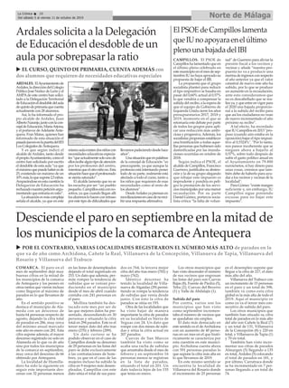 COMARCA. El paro en el
mes de septiembre dejó muy
buenas cifras en la mitad de
los municipios de la comarca
de Antequera y los peores en
otros tantos que vieron incluso
como llegaron al máximo de
parados en lo que llevamos de
año.
En el sentido positivo se
destaca el municipio de Ala-
meda con un descenso de
hasta 64 personas respecto de
agosto, dejando la cifra total
de parados en 286, muy cerca
del mínimo anual marcado
este año en enero con 281. Esta
cifra supone además, el mayor
descenso registrado no solo en
Alameda en lo que va de año
sino por todos los municipios
de la comarca en septiembre,
muy cerca del descenso de 66
obtenido por Antequera.
La localidad de Humilla-
dero ha sido la siguiente en
seguir este importante des-
censo con 32 personas menos
en las listas de desempleados
dejando el total registrado en
253. Un dato que además, per-
mite romper la tendencia de
subidas que se venían pro-
duciendo en el municipio
desde el mes de abril cuando
contaba con 241 personas en
el paro.
Mollina también ha des-
tacado este mes por ser de
las que mejores datos ha pre-
sentado, descendiendo en 30
personas y situando la cifra
total en 294 parados. Este es el
tercer mejor dato del año tras
enero (270) y febrero (289).
Un dato curioso se ha
podido observar en el caso de
Campillos donde su descenso
de 29 personas en las listas del
paro se debe exclusivamente
a las contrataciones de hom-
bres, ya que en el caso de las
mujeres incluso ha subido la
cifra en 9 mujeres más desem-
pleadas. Campillos con este
dato sitúa el total de sus para-
dos en 764, la tercera mejor
cifra del año tras enero (702) y
mayo (762).
Idéntico descenso ha
tenido la localidad de Villa-
nueva de Algaidas (29) permi-
tiendo se rompa la tendencia
de subidas que venía desde
junio. Con esto la cifra de
parados se sitúa en 193.
Otra de las localidades que
ha visto bajar de manera
importante la cifra de parados
en su localidad es Sierra de
Yeguas con 24. Un dato que
rompe con dos meses de subi-
das y sitúa la cifra actual en
207 parados.
Cuevas de San Marcos
también ha visto como se
acaba una racha de subidas
que arrastraba desde el mes de
febrero y en septiembre 16
personas menos se registran
en la lista de parados,
situando el total en 201. Un
dato todavía lejos de los 155
que tenía en enero.
Los otros municipios que
han visto descender el número
de sus vecinos que engrosan
las listas del paro son Cuevas
Bajas (8), Fuente de Piedra (5),
Teba (2), Cuevas del Becerro
(1) y Valle de Abdalajís (1).
Subida del paro
Por contra, varios son los
municipios que han visto
como septiembre incremen-
taba el número de vecinos que
se quedaban sin empleo.
El dato más destacado en
este sentido es el de Archidona
con un aumento de 40 perso-
nas en un mes en el que histó-
ricamente se caracteriza por
esta cuestión en este munici-
pio. Archidona cuenta ahora
con 591 personas paradas lo
que supone la cifra más alta en
lo que llevamos de 2019.
En este mismo sentido se
encuentra la localidad de
Villanueva del Rosario donde
el incremento de 25 personas
en el desempleo supone que
llegue a la cifra de 217, el dato
más alto del año.
Villanueva del Trabuco con
un incremento de 15 personas
en el paro y un total de 398,
también ve como esta cifra
global es la más alta de todo el
2019. Aquí el municipio ve
como ya va el tercer mes con-
secutivo de subida del paro.
Los otros municipios que
también han situado su cifra
total de parados en lo más alto
del año son Cañete la Real (7)
y un total de 131, Villanueva
de la Concepción (8) y 220 en
total, y Villanueva de Tapia (1)
y 70 en total.
También han visto incre-
mentar sus cifras de parados
Almargen (5) llegando a 135
en total, Ardales (5) colocando
el total de parados en 181, y
por último, Carratraca donde
se ha incrementado en 7 per-
sonas llegando a un total de
74.
ARDALES. ElAyuntamientode
Ardales,ladireccióndelColegio
PúblicoJoséNúñezdeLeónyel
AMPAde este centro han solici-
tado a la Delegación Territorial
deEducacióneldesdobledelaula
dequintodeprimariaquecuenta
actualmente con 28 alumnos.
Así, lo ha informado el pro-
pio alcalde de Ardales, Juan
AlbertoNaranjo,juntoconlacon-
cejaldeEducación,MaríaArjona,
y el portavoz deAdelanteAnte-
quera, Fran Matas, quienes han
informado de esta situación el
pasadojuevesenlapuertadelIES
Los Colegiales deAntequera.
Y es que según indicó el
alcalde deArdales, tanto desde
elpropioAyuntamiento,comoel
centro han solicitado por escrito
el desdoble de esta aula “ya que
elmáximoquepuedehaberesde
25, existiendo un máximo de un
10%más,loquesupone2,5niños.
Amparándoseenestacuestiónla
Delegación de Educación ha
rechazadonuestrapeticiónargu-
mentandoqueentraríaenratio”.
Lasituaciónesmáscompleja
señala el alcalde, ya que en este
mismoaulaexistendosniñoscon
necesidades educativas especia-
les“queactualmentesolounode
ellosrecibealgúntipodeatención
por los profesores del centro,
mientrasqueelotroniñono.Esta
situaciónhacequeelprofesorado
se sienta saturado”.
El alcalde lamenta que no se
les escucha por ser “un pueblo
pequeño.Campillosestáconno-
sotros, ya que cuando llegan allí
losalumnoslohacenconretraso
por este tipo de dificultades que
llevamospadeciendodesdehace
años”.
Unasituaciónqueenpalabras
de la concejal de Educación “es
preocupante, ya que aunque la
profesora está intentando poner
todo de su parte, realmente está
afectado a todo el curso, tanto a
los niños que requieren de esas
necesidades como al resto de
los alumnos”.
DesdeArdalesyapiensanen
movilizacionesencasodenoreci-
bir una respuesta afirmativa.
Norte de MálagaLa Crónica 28
Del sábado 5 al viernes 11 de octubre de 2019
ç
u EL CURSO, QUINTO DE PRIMARIA, CUENTA ADEMÁS con
dos alumnos que requieren de necesidades educativas especiales
Ardales solicita a la Delegación
de Educación el desdoble de un
aula por sobrepasar la ratio CAMPILLOS. El PSOE de
Campillos ha lamentado que en
el último pleno celebrado en
este municipio en el mes de sep-
tiembre IU no haya apoyado su
propuesta de bajar el IBI.
La propuesta que el grupo
socialista planteó para reducir
el tipo impositivo se basaba en
pasar del 0,60% actual al 0,57%
lo que vendría a compensar la
subida del recibo, a la espera de
que el equipo de Gobierno de
Izquierda Unida cierre los años
presupuestarios 2017, 2018 y
2019, momento en el que se
retomaría este debate por parte
de todos los grupos para apli-
car una reducción más ambi-
ciosa y progresiva.Además, los
socialistas proponían establecer
una bonificación a todas aque-
llas personas que hubiesen sido
damnificadas por las inunda-
ciones ocurridas en octubre de
2018.
Según indica el PSOE, el
alcalde de Campillos, Francisco
Guerrero, justificaba su absten-
ción y la de su grupo alegando
que rebajar este impuesto es
imprudente y pondría en peli-
gro la prestación de los servi-
cios municipales por una menor
recaudación. Por su parte
Daniel Gómez, portavoz socia-
lista critica “la falta de volun-
tad” de Guerrero para aliviar la
presión fiscal a los vecinos y
vecinas y añade “nuestra pro-
puesta no va a producir una
merma de ingresos con respecto
al año anterior ya que el valor
catastral de nuevo este año ha
subido, por lo que se produce
un aumento en la recaudación,
ante esto consideramos que
no es descabellado que se rea-
lice ya, y que entre en vigor para
el 2020 una bajada proporcio-
nal a la subida del recibo para
que así los ciudadanos no vean
de nuevo incrementado el año
próximo su recibo”.
A tal efecto, ha recordado
que IU Campillos en 2013 "pro-
puso (cuando aún estaba en la
oposición) bajar el tipo imposi-
tivo al 0,5324%". "Por lo tanto,
nos parece incoherente que se
nieguen ahora a bajarlo al
0,57%, sobre todo después de
subir el gasto político anual en
el Ayuntamiento en 79.800
euros/netos, si hay dinero para
unas cosas, creemos que tam-
bién debe de haberlo para ayu-
dar a los vecinos y vecinas de la
localidad".
Para Gómez “existe margen
suficiente y, sin embargo, IU
Campillos sigue poniendo
excusas para no bajar este
impuesto".
ElPSOEdeCampilloslamenta
queIUnoapoyaraenelúltimo
plenounabajadadelIBI
Desciende el paro en septiembre en la mitad de
los municipios de la comarca deAntequera
u POR EL CONTRARIO, VARIAS LOCALIDADES REGISTRARON EL NÚMERO MÁS ALTO de parados en lo
que va de año como Archidona, Cañete la Real, Villanueva de la Concepción, Villanueva de Tapia, Villanueva del
Rosario y Villanueva del Trabuco
 