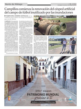 31 ç La Crónica
Del sábado 5 al viernes 11 de octubre de 2019
Norte de Málaga
CAMPILLOS. ElAyuntamiento
de Campillos ya ha comenzado
lostrabajosdesustitucióndelcés-
ped artificial del campo de fút-
bol, que quedó en un estado
impracticable en algunas zonas
traslastremendasinundaciones
sufridas el pasado mes de octu-
bre de 2018 en la localidad.
La sustitución de la hierba
artificial la está llevando a cabo
laempresaOPSAysitodotrans-
curreconnormalidadynosurge
ningún contratiempo ha infor-
mado el propio Ayuntamiento
de Campillos, se estima que en
el plazo de un mes el campo de
fútbol municipal volverá a estar
en perfectas condiciones.
El presupuesto de ejecución
delproyectoesde210.000euros,
que serán financiados gracias a
losfondosincondicionadosdela
DiputaciónProvincialdeMálaga
que el Consistorio ha destinado
a recuperar esta instalación
deportiva que se encontraba
inutilizada desde hace casi un
año.
ElAyuntamiento de Campi-
llos además de sustituir el cés-
ped, ha aprobado la instalación
deunnuevovideomarcadoryla
renovacióndetodoelsistemade
megafonía,quetambiénseharán
efectivos aprovechando el cam-
bio del césped.
Una vez concluya la restau-
ración del campo de fútbol, los
equipos del Club Deportivo
Campillos podrán entrenarse y
disputar sus partidos con total
normalidad en el municipio.
Los daños causados por las
fuertes lluvias obligaron a los
equiposdefútboldelalocalidad
a jugar sus encuentros de local
hasta el final de la pasada tem-
porada en otros pueblos cerca-
nos como Martín de la Jara, Sie-
rra de Yeguas oAlmargen.
“El campo de fútbol recupe-
rarámuyprontosumejorestado
ylosmuchosjóvenesdeCampi-
llosquejueganhabitualmenteal
fútbol podrán volver a hacerlo
con absoluta normalidad. Esta
actuaciónpermitirácerrarunade
las muchas cicatrices que aque-
lla fatídica noche del 20 de octu-
bre dejó en Campillos. Recupe-
rar el campo de fútbol era una
necesidad”, explicó el edil de
Deportes, Miguel Ángel Gue-
rrera.
El propio concejal ha seña-
lado que además “de la coloca-
ción del nuevo césped, el video-
marcador y la megafonía, este
proyectopermitiráaprovecharla
hierbaquequedóenbuenestado
traslasinundacionesparalacre-
acióndeuncampodefútbol7en
el antiguo campo de fútbol de
albero y también para cubrir el
perímetrodedichainstalación”.
u PARTE DEL CÉSPED ANTIGUO, se va
a utilizar para cubrir un campo de fútbol 7
que era de albero
Campilloscomienzalarenovacióndelcéspedartificial
delcampodefútbolinutilizadoporlasinundaciones
 