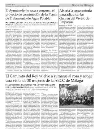 FUENTE DE PIEDRA. El
Ayuntamiento de Fuente de
Piedra ya ha sacado a con-
curso el proyecto de construc-
ción de la Planta de Trata-
miento de Agua Potable
(ETAP), así lo ha confirmado
el regidor de la localidad, Siro
Pachón, que ha explicado que
la Diputación de Málaga ha
notificado al ayuntamiento la
aprobación en Junta de
Gobierno de una subvención
directa y extraordinaria valo-
rada en un montante que
asciende a los 475.270 euros
que serán destinados para la
construcción de dicha planta.
En este sentido, ha anun-
ciado que el importe subven-
cionado ya se ha transferido
incluso por la institución pro-
vincial al Ayuntamiento de
Fuente de Piedra, por lo que
“tan pronto como han tenido
conocimiento de la aproba-
ción de la subvención” se ha
actuado con la “mayor dili-
gencia posible” por parte del
Consistorio villafontense.
Además, también ha
comunicado que en una Junta
de Gobierno Local celebrada
este semana el Ayuntamiento
de Fuente de Piedra ha adop-
tado dos acuerdos considera-
dos como “fundamentales”.
Por un lado, la aprobación
definitiva del expediente de
Calificación Ambiental y, por
otro, la aprobación del Pliego
de Condiciones que va a regir
la contratación de la obra de
construcción del proyecto
de la Planta de Tratamiento
de Agua Potable
“El procedimiento utili-
zado por el Ayuntamiento ha
sido de urgencia, reduciendo
los plazos para la presenta-
ción de ofertas a las empresas
interesadas a solo trece días
naturales y el expediente del
proyecto ya se ha enviado a la
plataforma de contratación”,
han señalado.
De esta forma, y si todo va
según lo previsto, se estima
que sea en el mes de noviem-
bre cuando podrán estar adju-
dicadas las obras y el contrato
formalizado. “Las obras
podrán comenzar antes de
Navidad. Una vez finalizadas
y efectuadas las pruebas de
comprobación, volveremos
a tener agua potable”, se ha
congratulado Pachón, que ha
insistido en que, pese a los
diferentes trámites que se han
tenido que realizar, son “un
ayuntamiento serio y las nor-
mas hay que cumplirlas”.
“Ya estamos muy cerca.
Entre todos, lo vamos a con-
seguir”, ha finalizado.
Problemas de abasteci-
miento
La localidad de Fuente de Pie-
dra pondría fin de esta forma
a un problema que lleva aca-
rreando desde el verano del
año 2017, que ha hecho que
los vecinos tengan que abas-
tecerse de agua mediante
cubas que han llegado al
municipio varias veces a la
semana. Asimismo, desde el
inicio de esta crisis por el
agua, el Gobierno local no ha
cesado en su empeño por
solucionarlo.
u SEPREVÉQUESEAEN ELMESDENOVIEMBRECUANDO SE
PUEDAN adjudicar lasobras, que daráncomienzo antesdel inicio
de la Navidadde este año
El Ayuntamiento saca a concurso el
proyecto de construcción de la Planta
de Tratamiento de Agua Potable
FUENTE DE PIEDRA. El
Ayuntamiento de Fuente de
Piedra ha comunicado la aper-
tura de la convocatoria para
adjudicar las oficinas del
Vivero de Empresas de la loca-
lidad, que se regirá por las
bases reguladoras de la convo-
catoria pública.
En primer lugar, estas bases
recogen los espacios a ocupar
y su canon de ocupación. En las
naves de la 1 a 3 con 150 metros
cuadrados de superficie será de
150 euros al mes y para jóvenes
y mujeres de 100 euros. En
cuanto a las oficinas de la 1 a la
4, con una superficie de 15 a 20
metros cuadrados, será de 80
la cuota general y de 50 para
jóvenes y mujeres.
“El tiempo máximo de ocu-
pación del vivero será según lo
establecido en el artículo 18,
capitulo V, sobre la cesión de
uso del reglamento de régimen
interior del vivero de empresas
del ayuntamiento de Fuente de
Piedra”, han anunciado, reco-
giendo que la presentación de
solicitudes es desde un mes de
la publicación de la misma en
la web del Ayuntamiento.
La presentación de las soli-
citudes será en el Registro de
Entrada del Ayuntamiento de
Fuente de Piedra de 9:00 a 14:00
horas de lunes a viernes.
Los modelos necesarios
para la presentación de la soli-
citud se encuentran disponibles
en la Web del Ayuntamiento
o en las propias oficinas del
consistorio. Asimismo, habrá
que presentar dos sobres firma-
dos y cerrados señalados con
la letra y todo lo relativo a ello
se puede visualizar en las bases
de la convocatoria.
La adjudicación se llevará a
cabo por riguroso orden de
entrada en el Registro delAyu-
natmeinto y las posteriores
serán adjudicadas a medida
que vayan quedando vacantes.
“El Ayuntamiento aprobará
provisionalmente las listas
ordenadas de los proyectos
admitidos y las expondrá al
público por plazo de cinco días
hábiles a efectos de reclamacio-
nes. Si no se produjesen recla-
maciones se entenderán apro-
badas definitivamente sin nece-
sidad de nuevos acuerdos. Si
se produjesen reclamaciones
estás serán resueltas”, subra-
yan.
Abiertalaconvocatoria
paraadjudicarlas
oficinasdelViverode
Empresas
COMARCA. El Caminito del
Rey y la Asociación Española
contra el Cáncer de Málaga
han vuelto a unir lazos en el
marco del Día Mundial contra
el Cáncer de Mama, que se
celebrará el próximo lunes 19
de octubre.
Así, por segundo año con-
secutivo, han realizado una
campaña con diferentes activi-
dades que tiene como objetivo
seguir creando conciencia a
la sociedad sobre esta enferme-
dad que, tal y como han indi-
cado, cada 15 segundos es
diagnosticada a una mujer en
el mundo y en la que una
detección precoz eleva los por-
centajes de supervivencia más
allá del 90%.
Los asctos se enmarcan
dentro de la II Edición de la ini-
ciativa ‘Un camino por la vida’
organizada por el Caminito del
Rey, la Diputación de Málaga
y la propia delegación mala-
gueña de la Asociación Espa-
ñola contra el Cáncer.
En esta ocasión, dos han
sido las acciones principales,
teniendo por un lado una
visita guiada realizada por un
grupo de 30 mujeres pertene-
cientes a AECC Málaga que
afortunadamente han supe-
rado ya la enfermedad. En este
sentido, la presidenta de acción
social de la sede provincial
de AECC Málaga, Rosa
Villena, ha indicado que este
tipo de acciones “ayudan a
difundir en la sociedad los
mensajes que diariamente lan-
zamos dentro de laasociación”.
“Uno de los más importantes
es que, al igual que sucede
cuando recorremos senderos
tan impresionantes como el
Caminito del Rey, a veces sur-
gen obstáculos que hay que
superar para llegar al final y
disfrutar de todo lo que la vida
nos tiene preparado”, ha seña-
lado.
Junto a ellas han estado
también presentes represen-
tantes de ambas instituciones.
Por parte de Caminito del Rey
ha estado presente su gerente,
Francisco Campano, mien-
tras que junto a Rosa Villena
han representado a la AECC
de Málaga tanto su coordina-
dora de misión, Paloma
Gómez, como su tesorero,
Jesús Sánchez.
Paralelamente a esta visita,
este año se ha vuelto a colo-
car en el sendero del Caminito
del Rey una lona gigante con
un lazo rosa. Desde el pasado
lunes, 12 de octubre, y hasta el
próximo día 19 recordará y
concienciará a todos los visi-
tantes sobre la alta incidencia
en el mundo de esta enferme-
dad y, sobre todo, acercará la
importancia de que todas las
mujeres a partir de 40 años se
realicen revisiones periódicas
ya que un diagnóstico precoz
hace que las tasas de supervi-
vencia superen el 90%.
El diputado de Medio
Ambiente, Turismo Interior y
Cambio Climático, Cristóbal
Ortega, ha aplaudido esta ini-
ciativa que se vuelve a celebrar
por segundo año consecutivo
y ha agradecido a la treintena
de mujeres que han recorrido
hoy el Caminito del Rey por
demostrar “su óptima capaci-
dad física e ilusión por enfren-
tarse a nuevos retos». “Sin
duda, estas mujeres son todo
un ejemplo para otras mujeres
que estén pasando por el duro
trance de la enfermedad y que
la AECC elija
el Caminito del Rey como
marco de esta iniciativa es todo
un orgullo.Una vez más, la
Diputación de Málaga y la
Asociación Española Contra el
Cáncer caminan juntas en la
concienciación sobre una
enfermedad que se puede
superar con una detección a
tiempo”, ha finalizado.
El Caminito del Rey vuelve a sumarse al rosa y acoge
una visita de 30 mujeres de la AECC de Málaga
Norte de MálagaLa Crónica 20
Del sábado 17 al viernes 23 de octubre de 2020
ç
u LA INICIATIVA ‘UN CAMINO POR LA VIDA’ SE REALIZA
POR 2º AÑO CONSECUTIVO, y está organizada por la AECC de
Málaga, el Caminito del Rey y la Diputación de Málaga
 