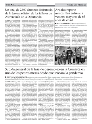 COMARCA. El vicepresidente
primero de la Diputación de
Málaga y diputado de la Dele-
gación de Educación, Juventud
y Deporte, Juan Carlos Maldo-
nado, ha dado a conocer esta
semana la tercera edición de
los talleres de Astronomía
impulsados por el Servicio de
Educación de la Diputación de
Málaga.
Un total de 2.500 alumnos
de Primaria, Secundaria, Bachi-
llerato y Formación Profesio-
nal de la provincia, en cuya
adjudicación tendrán prioridad
las peticiones procedentes de
municipios menores de 20.000
habitantes, disfrutarán de 80
talleres online y gratuitos.
En todos los talleres, bajo el
título ‘Cómo ver arder el Sol’,
los alumnos observarán en
directo el sol y la intensa acti-
vidad que se desarrolla en sus
diferentes capas, concreta-
mente en la fotosfera y en la
cromosfera. Además, en estas
sesiones los alumnos podrán
profundizar en su conoci-
miento sobre los eclipses o
construir un espectroscopio
básico con materiales de uso
cotidiano (cartulina, pega-
mento, tijeras y un CD), con el
que aprenderán a medir las
propiedades de la luz y com-
prenderán la información que
contiene una fuente luminosa
cuando se descompone.
Así, el alumnado conocerá
y comprenderá la influencia
del sol en la vida, el medio
ambiente, el clima y la propia
civilización. Así como su fun-
cionamiento y características,
como por ejemplo la relación
entre el ciclo solar de 11 años y
las manchas del sol con la
variación de la temperatura. Ya
que como afirman los científi-
cos “todo lo que pasa en
el sol tiene una relación directa
con la vida”.
La observación solar en
directo se hará mediante la
conexión de cámaras digitales
astronómicas especializadas
a dos telescopios (uno para
cada capa de Sol) que emitirán
las imágenes captadas a las
pantallas de los ordenadores
de los participantes en la for-
mación telemática, ya sea
desde casa o desde el aula. Al
mismo tiempo escucharán las
explicaciones del profesor de
astronomía y visualizarán los
programas informáticos utili-
zados y vídeos especiales sobre
el tema.
Los colegios e institutos
interesados en participar, ya
sean públicos, concertados o
privados, pueden inscribirse a
la actividad ofertada antes del
12 de marzo a través
de www.malaga.es/deportes-
juventud/educacion/inscrip-
cion .
La actividad será impartida
por Francisco Javier Gálvez
Fernández, licenciado en Cien-
cias (astrónomo por Matemá-
ticas), Planetarista y Director
del Aula del Cielo y del Obser-
vatorio Astronómico del Tor-
cal de Antequera.
El pasado año, la segunda
edición de los talleres de astro-
nomía alcanzaron la participa-
ción de 1.563 alumnos proce-
dentes de municipios como
Villanueva de la Concepción,
Almargen, Ardales, Sierra de
Yeguas o Antequera.
Maldonado ha asegurado
que “la crisis sanitaria actual
ha puesto de manifiesto la
importancia de la investigación
y la necesidad de apostar por
la ciencia de manera decidida.
La salud del planeta está en
manos de hospitales y labora-
torios y nuestras futuras gene-
raciones deben estar prepara-
das para los desafíos que nos
depare el planeta”.
Un total de 2.500 alumnos disfrutarán
de la tercera edición de los talleres de
Astronomía de la Diputación
COMARCA. Febrero de 2021
se cerró como uno de los peo-
res meses para el empleo
desde que comenzara el
estado de alerta hace ya casi
un año, con una subida del
paro en la práctica totalidad
de las localidades que confor-
man la Comarca.
En este sentido, Alameda
es el municipio con un mayor
número de nuevos integrantes
en las listas del desempleo,
con un total de 90 nuevos
demandantes, siendo especial-
mente dura esta situación
entre las mujeres, con 52 des-
empleadas nuevas.
En segunda posición de
este oscuro ranking se encon-
traría Villanueva de Algaidas,
con 76 nuevos parados, de los
cuales 35 son hombres.
De cerca le siguieron
Humilladero, que ha sumado
73 nuevos desempleados, de
los cuales 45 son hombres (si
bien el total de mujeres desem-
pleadas duplica al número
masculino), y Campillos, con
70 nuevos desempleados, de
los que 44 son mujeres, lo que
sitúa en casi 1.000 el número
femenino de personas en bús-
queda activa de trabajo.
Teba, Villanueva del Tra-
buco, Villanueva del Rosario
y Ardales también vieron
engrosar durante este mes sus
listas del paro, con 59, 47, 46 y
45 nuevos parados, teniendo
como particularidad en todos
los casos que el paro mascu-
lino ha sido el que más se ha
incrementado en este último
mes, si bien es cierto que sigue
siendo más numeroso que el
femenino.
También considerable-
mente alto ha sido el incremto
del desempleo en otras locali-
dades, como es el caso de
Villanueva de la Concepción,
donde se han llegado a los 40
nuevos desempleados,
sumando un total de 460 en
toda la localidad. De estas nue-
vas personas que han perdido
su trabajo, 27 son mujeres y 13,
hombres.
Con tan solo un nuevo des-
empleado menos que en el
caso anterior, Mollina también
ve cómo el número de hom-
bres que aparecen de nuevas
en esta lista (35) superan
ampliamente al de las mujeres
(4), si bien es cierto que tam-
bién en este caso la tasa feme-
nina casi duplica a la mascu-
lina.
De manera más modesta
también sube el desempleo en
localidades como Cuevas del
Becerro, Cuevas de San Mar-
cos y el Valle de Abdalajís, con
31, 27 y 26 nuevos desemple-
ados, una vez más registrando
más hombres entre los nuevos
integrantes de estas listas que
mujeres.
Archidona, a su vez, ha
visto cómo el paro se ha incre-
mentado sobre todo por el
número de nuevos parados
masculinos. Un total de 20
nuevos empleos se han gene-
rado en el municipio yendo a
parar a mujeres, mientras que
se han perdido hasta 48 pues-
tos de trabajo entre los hom-
bres, según las listas publica-
das el pasado martes.
En las tres últimas localida-
des en las que también se ha
visto un incremento de la
población parada han sido
en Fuente de Piedra, donde 24
nuevos villafontenses han per-
dido su empleo (una tenden-
cia, una vez más, mucho más
acusada entre los hombres que
entre las mujeres); Cuevas
Bajas, donde el paro ha crecido
en 18 nuevas personas,
habiendo en esta ocasión 5
nuevos parados hombres y 13
mujeres; y Almargen, que ape-
nas ha visto su desempleo cre-
cer en siete personas, de las
cuales, cinco son hombres y
dos, mujeres.
Sierra de Yeguas, por su
parte, ha visto cómo su tasa de
paro bajaba en este mes, aun-
que habiendo un incremento
de 8 hombres parados más
que en el mes anterior. Esto ha
sido gracias a que 11 mujeres
encontraron empleo en la loca-
lidad, por lo que habría 3 nue-
vos parados menos que en el
mes de enero de 2021.
Carratraca, a su vez, tam-
bién disfrutó de una leve
mejora del paro, con seis per-
sonas que han dejado las listas
del desempleo, repartidas de
manera igual entre hombres y
mujeres, aunque habiendo
una vez más muchas más
mujeres en situación de bús-
queda activa de trabajo que de
hombres, siendo estas cantida-
des de 86 y 54 personas res-
pectivamente en la localidad.
Villanueva de Tapia, por
último, la localidad que mejor
ha llevado el tema del empleo
en el mes de febrero, con 17
parados menos, a pesar de que
ha habido 3 parados más entre
el género masculino. No obs-
tante, la tasa femenina sigue
doblando a la masculina a
pesar del movimiento.
Un mes en el que el paro
ha subido prácticamente en la
totalidad de la Comarca, pero
en el que destaca sobre todo el
crecimiento del mismo entre
el género masculino, si bien es
cierto que sigue habiendo más
mujeres en paro en todos los
municipios.
Subida general de la tasa de desempleo en la Comarca en
uno de los peores meses desde que iniciara la pandemia
Norte de Málaga
La Crónica 26
Del sábado 6 al viernes 12 de marzo de 2021
ç
u DESTACA, NO OBSTANTE, unmayor incremento enlaslistaspor parte del género masculino, llegando en
algunaslocalidadesincluso a ser el femenino negativo, y equilibrando algo másel empleo entre ambos
ARDALES. ElAyuntamientode
Ardales, a través de la concejala
deBienestarSocial,MaríaArjona,
comenzó el reparto de mascari-
llas para mayores de 65 años el
pasado 3 de marzo.
Untotalde5.230mascarillas
que irán llegando a las casas de
sus destinatarios. “Si en esta
semana no os han llegado no
duden en ponerse en contacto
connosotrosyoslaharemoslle-
gar”,asegurarondesdeelpropio
Ayuntamiento ardaleño.
Bajo el eslogan “¡Mi mayor
tesoro eres tú!”, no es la única
acción que el Ayuntamiento ha
llevado a cabo para cuidar a los
mayores de contagiarse del
COVID-19. Hace unos días, el
alcaldedelalocalidadylaconce-
jala de Juventud les acompaña-
ron en el primer día de vacuna-
ciones en el centro de salud.
Ardales reparte
mascarillas entre sus
vecinos mayores de 65
años de edad
u EL AYUNTAMIENTO repartirá un total
de 5.230 mascarillas durante esta semana en
a domicilio entre sus habitantes
 