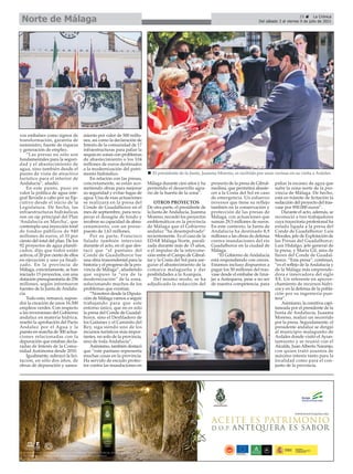 vos embalses como signos de
transformación, garantía de
suministro, fuente de riqueza
y generación de empleo.
“Las presas no sólo son
fundamentales para la seguri-
dad y el abastecimiento de
agua, sino también desde el
punto de vista de atractivo
turístico para el interior de
Andalucía”, añadió.
En este punto, puso en
valor la política de agua inte-
gral llevada a cabo por su Eje-
cutivo desde el inicio de la
Legislatura. De hecho, las
infraestructuras hidráulicas
son un eje principal del Plan
‘Andalucía en Marcha’, que
contempla una inyección total
de fondos públicos de 940
millones de euros, el 33 por
ciento del total del plan. De los
92 proyectos de agua planifi-
cados, dijo que todos están
activos, el 20 por ciento de ellos
en ejecución y uno ya finali-
zado. En la provincia de
Málaga, concretamente, se han
iniciado 15 proyectos, con una
dotación presupuestaria de 256
millones, según informaron
fuentes de la Junta de Andalu-
cía.
Todo esto, remarcó, supon-
drá la creación de unos 16.500
empleos verdes. Con respecto
a las inversiones del Gobierno
andaluz en materia hídrica,
reseñó la aprobación del Pacto
Andaluz por el Agua y la
puesta en marcha de 300 actua-
ciones relacionadas con la
depuración que estaban decla-
radas de Interés de la Comu-
nidad Autónoma desde 2010.
Igualmente, subrayó la lici-
tación, en sólo dos años, de
obras de depuración y sanea-
miento por valor de 500 millo-
nes, así como la declaración de
Interés de la comunidad de 17
infraestructuras para paliar la
sequía en zonas con problemas
de abastecimiento o los 104
millones de euros destinados
a la modernización del patri-
monio hidráulico.
En relación con las presas,
concretamente, se están aco-
metiendo obras para mejorar
su seguridad y evitar fugas de
agua. Una de esas actuaciones
se realizará en la presa del
Conde de Guadalhorce en el
mes de septiembre, para recu-
perar el desagüe de fondo y
recobrar su capacidad de alma-
cenamiento, con un presu-
puesto de 1,63 millones.
Por su parte, Francisco
Salado también intervino
durante el acto, en el que des-
tacó que “el pantano del
Conde de Guadalhorce fue
una obra trascendental para la
historia y el progreso de la pro-
vincia de Málaga”, añadiendo
que supuso la “era de la
modernización” de la zona,
solucionando muchos de los
problemas que existían.
“Nosotros desde la Diputa-
ción de Málaga vamos a seguir
trabajando para que este
entorno único, que no es solo
la presa del Conde de Guadal-
horce, sino el Desfiladero de
los Gaitanes y el Caminito del
Rey, siga siendo uno de los
recursos turísticos más impor-
tantes, no solo de la provincia,
sino de toda Andalucía”.
Asimismo, también destacó
que “este pantano representa
muchas cosas en la provincia.
Ha servido de escudo protec-
tor contra las inundaciones en
Málaga durante cien años y ha
permitido el desarrollo agra-
rio de la huerta de la zona”.
OTROS PROYECTOS
De otra parte, el presidente de
la Junta de Andalucía, Juanma
Moreno, recordó los proyectos
emblemáticos en la provincia
de Málaga que el Gobierno
andaluz “ha desempolvado”
recientemente. Es el caso de la
EDAR Málaga Norte, parali-
zada durante más de 15 años,
o el impulso de la intercone-
xión entre el Campo de Gibral-
tar y la Costa del Sol para ase-
gurar el abastecimiento de la
comarca malagueña y dar
posibilidades a la Axarquía.
Del mismo modo, se ha
adjudicado la redacción del
proyecto de la presa de Gibral-
medina, que permitirá abaste-
cer a la Costa del Sol en caso
de emergencia. Un esfuerzo
inversor que tiene su reflejo
también en la conservación y
protección de las presas de
Málaga, con actuaciones que
suman 29,5 millones de euros.
En este contexto, la Junta de
Andalucía ha destinado 8,9
millones a las obras de defensa
contra inundaciones del río
Guadalhorce en la ciudad de
Málaga.
“El Gobierno de Andalucía
está respondiendo con creces.
Estamos incluso dispuestos a
pagar los 50 millones del tras-
vase desde el embalse de Izná-
jar a Antequera, pese a no ser
de nuestra competencia, para
paliar la escasez de agua que
sufre la zona norte de la pro-
vincia de Málaga. De hecho,
está en trámite de licitación la
redacción del proyecto del tras-
vase por 850.000 euros”.
Durante el acto, además, se
reconoció a tres trabajadores
cuya trayectoria profesional ha
estado ligada a la presa del
Conde de Guadalhorce: Luis
Morales, jefe de Explotación de
las Presas del Guadalhorce;
Luis Hidalgo, jefe general de
la presa, y María Gil, ama de
llaves del Conde de Guadal-
horce. “Esta presa”, continuó,
“es el reflejo de la Andalucía y
de la Málaga más emprende-
dora e innovadora del siglo
XX. Un referente en aprove-
chamiento de recursos hídri-
cos y en la defensa de la pobla-
ción por su ingeniería pun-
tera”.
Asimismo, la comitiva capi-
taneada por el presidente de la
Junta de Andalucía, Juaama
Moreno, realizó un recorrido
por la presa. Seguidamente, el
presidente andaluz se dirigió
al municipio malagueño de
Ardales donde visitó el Ayun-
tamiento y se reunió con el
Alcalde, Juan Alberto Naranjo,
con quien trató asuntos de
máximo interés tanto para la
localidad como para el con-
junto de la provincia.
n El presidente de la Junta, Juanma Moreno, es recibido por unas vecinas en su visita a Ardales
25 ç La Crónica
Del sábado 3 al viernes 9 de julio de 2021
Norte de Málaga
 