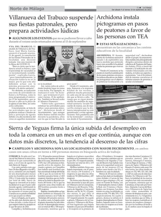 ARCHIDONA. El Ayunta-
mientodeArchidonaanuncióel
pasado 1 de septiembre una
nueva medida que pretende
hacer más accesible la localidad
atodaslaspersonasquevivenen
ella.
“Desde el Consistorio se ha
puestoenmarchalaseñalización
delospasospeatonescercanosa
loscentroseducativoscondistin-
tos pictogramas con el objetivo
de potenciar la educación y la
seguridad vial”, declaraban
desde el propioAyuntamiento.
Estamedidaestáprincipalmente
dirigida a personas dentro de
colectivosdeTrastornodelEspec-
tro Autista, (TEA), a través del
fomento y la realización de acti-
vidades relacionadas con esta
materia, en todos sus aspectos y
expresiones, “con el fin primor-
dial de intentar concienciar al
máximo número de personas y
ayudar a la inclusión”.
Archidona instala
pictogramas en pasos
de peatones a favor de
las personas con TEA
21 ç La Crónica
Del sábado 4 al viernes 10 de septiembre de 2021
Norte de Málaga
COMARCA. En julio era Cue-
vasdeSanMarcoslaúnicaloca-
lidad en la que aumentaba el
paro, y en el mes de agosto ha
sido Sierra de Yeguas.
Con siete parados más que
hace30días(llegandoalos687),
eso sí, contando con una bajada
de seis desempleados menos
entre los hombres (un total de
239) y 13 más entre las mujeres
(un total de 448), Sierra de
Yeguas se convierte en la única
localidad en la que el paro sube
durante agosto, confirmando la
buena racha de tres meses que
ha supuesto el verano para la
Comarcaensuprácticatotalidad
en lo que al paro se refiere.
Esosí,labajada,porlogene-
ral, ha sido más discreta que en
el mes de julio, a todas luces el
quemejoresdatoshaarrojadoen
lo que llevamos de 2021.
Campillos yArchidona (con
117y90paradosmenos)firman
las mayores bajadas del desem-
pleoenlazona,situándoseenlos
1.535ylas1.251personasenbús-
queda activa de empleo. En
cuanto a género, en Campillos
han habido más hombres que
hanencontradotrabajo(69frente
a 48, lo que da un total de 512
hombres parados frente a 1.023
mujeres),mientrasqueenArchi-
donasehadadolasituacióncon-
traria (40 frente a 50, lo que ha
supuesto unas cifras totales de
492 hombres parados frente a
759 mujeres).
Bajadasconsiderablessehan
dado también en Alameda (74
parados menos) y en el Valle de
Abdalajís (68 parados menos).
En ambos casos, la bajada entre
elgénerofemeninohasidoidén-
tica(de16desempleadasmenos,
conuntotalde802y330respec-
tivamente), mientras que la
bajada en el género masculino
tambiénsehamantenidomuya
la par (58 y 52 respectivamente,
haciendo un total de 432 y 219
desempleados).
Mollina también firma una
bajada importante, con 47 para-
dos menos (38 hombres y 9
mujeres), lo que sitúa las cifras
totalesen741(284hombresy457
mujeres).
De forma más discreta, tam-
bién desciende la tasa del paro
enVillanuevadelaConcepción,
Villanueva del Rosario, Villa-
nuevadeAlgaidasyCuevasdel
Becerro,con36,34,31y22para-
dos menos, lo que sitúa el
número total en 534, 599, 786 y
317 respectivamente. En cuanto
a género, Villanueva de la Con-
cepción y Villanueva del Rosa-
rio han registrado una bajada
bastantealapar(con20hombres
y 16 mujeres en la primera de
ellas y 18 hombres y 16 mujeres
en la segunda), mientras que en
Villanueva de Algaidas y Cue-
vas del Becerro han habido más
altas en la seguridad social por
parte de las mujeres (21 en
ambos casos frente a los 10 y 1
hombres en cada localidad).
Menos de 20 nuevos contra-
tadossehandadoenlocalidades
como Ardales y Cuevas de San
Marcos (que empatan a 19), así
como en Fuente de Piedra, con
17desempleadosmenos;Cañete
la Real, con 15 menos; y Humi-
lladero,con14menos.Lascifras
totales en estas localidades se
sitúanen434,779,404,335y722
respectivamente. En cuanto a
género, destaca la subida en 4
mujeresdesempleadasenHumi-
lladero, bajando tanto en hom-
brescomoenmujeresenelresto
de localidades.
Cierran la lista con las baja-
dasmásdiscretasCarratraca(11
parados menos), Teba (10
menos), Almargen (7 menos),
Cuevas Bajas (6 menos), y Villa-
nuevadeTapiayVillanuevadel
Rosario (5 menos cada una). De
esta forma, las cifras totales se
sitúan en 152, 905, 323, 263, 244
y1.027encadaunadeestasloca-
lidades. En Villanueva del Tra-
buco, la totalidad de los nuevos
empleos han sido encontrados
por mujeres, mientras que en
Carratraca,lohansidoporhom-
bres.Alameda,CuevasdelBece-
rro y Villanueva de Tapia han
visto cómo aumentaba el
númerodeféminasenparo,con-
cretamenteen2,3y3respectiva-
mente, mientras que en Teba, si
bien las mujeres cuatriplican el
número de empleos consegui-
dos por los hombres (8 frente a
2), en ambos casos ha bajado el
paro.
VVA. DEL TRABUCO. El
alcalde de Villanueva del Tra-
buco, José María García,
anunció el pasado martes,
31 de agosto, la cancelación
de las Fiestas Patronales de la
localidad, una decisión
tomada tras una reunión de
la Mesa del COVID-19.
“Bien es cierto que la inci-
dencia actual es buena y que
el porcentaje de vacunados se
va incrementando notable-
mente”, explicaba García,
“pero lamentablemente, la
situación todavía no es la
mejor, por lo que este año
debemos actuar con la
máxima precaución aten-
diendo a la alerta sanitaria”.
No obstante, se realizarán
una serie de actividades en
honor a la Patrona, como la
misa programada el miérco-
les 15 de septiembre, que se
llevará a cabo en la plaza de
la iglesia al aire libre, así como
actos culturales.
Concretamente, se trata de
las actividades que no se
pudieron realizar a finales de
julio y principio de agosto
debido a la alta incidencia del
virus en aquellos momentos
en la localidad.
Así, varios ciclos de activi-
dades tendrán lugar en torno
a esta fecha. Por ejemplo, se
realizará el ciclo ‘En Acús-
tico’, que terminará el pró-
ximo viernes, 10 de septiem-
bre. También se llevará acabo
el ‘Abanico Flamenco’.
“Sobre todo, queremos
enfatizar las actividades para
niños y para personas mayo-
res”, declararon desde el
Ayuntamiento, “que, aunque
todos hemos sufrido mucho
durante la pandemia, ellos
son los que se han llevado la
peor parte”.
Desde el Consistorio, ade-
más, llamaron a la responsa-
bilidad de los vecinos, y
pidieron mucha precaución
en cada una de las activida-
des que se lleven a cabo. “Se
ruega que se sigan mante-
niendo las medidas de segu-
ridad sanitaria: lavado fre-
cuente de manos, uso de mas-
carilla siempre que la dis-
tancia interpersonal no esté
garantizada y evitar aglome-
raciones. Esta pandemia aún
no ha terminado”, concluye-
ron desde el Ayuntamiento.
Villanueva del Trabuco suspende
sus fiestas patronales, pero
prepara actividades lúdicas
Sierra de Yeguas firma la única subida del desempleo en
toda la comarca en un mes en el que continúa, aunque con
datos más discretos, la tendencia al descenso de las cifras
u CAMPILLOS Y ARCHIDONA SON LAS LOCALIDADES CON MAYOR DECREMENTO, en ambos
casos con unas cifras en torno a 100 personas menos en búsqueda activa de trabajo
u ALGUNOSDELOSEVENTOSque no se pudieronllevar a cabo
durante el verano seránretomadosentorno al 15 de septiembre
u ESTAS SEÑALIZACIONES se
encuentran en las cercanías a los centros
educativos de la localidad
 