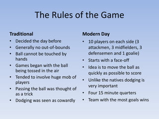 The Rules of the Game
Traditional                         Modern Day
• Decided the day before            • 10 players on each side (3
• Generally no out-of-bounds          attackmen, 3 midfielders, 3
• Ball cannot be touched by           defensemen and 1 goalie)
  hands                             • Starts with a face-off
• Games began with the ball         • Idea is to move the ball as
  being tossed in the air             quickly as possible to score
• Tended to involve huge mob of
  players                           • Unlike the natives dodging is
                                      very important
• Passing the ball was thought of
  as a trick                        • Four 15 minute quarters
• Dodging was seen as cowardly      • Team with the most goals wins
 