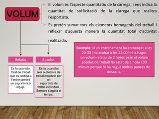 VOLUM
➢ El volum és l’aspecte quantitatiu de la càrrega, i ens indica la
quantitat de sol·licitació de la càrrega que realitza
l’esportista.
➢ Es pretén sumar tots els elements homogenis del treball i
reflexar d’aquesta manera la quantitat total d’activitat
realitzada.
Relatiu Absolut
És la quantitat
total de treball
que es dedica a
l’entrenament
un esportista o
equip.
És la quantitat
real o efectiva de
treball realitzat per
un
esportista de
forma individual.
Sempre s’agafa el
temps.
Exemple: si un entrenament ha començat a les
20:00 i ha acabat a les 22:00 hi ha hagut
un volum relatiu de 2 hores però el volum
absolut de treball ha estat de 1 hora i 30
minuts perquè hi ha hagut moltes pauses de
descans.
 