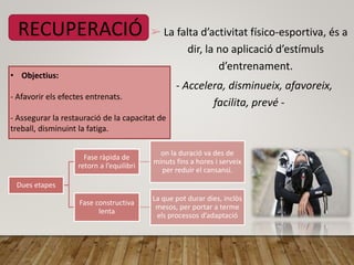 RECUPERACIÓ ➢ La falta d’activitat físico-esportiva, és a
dir, la no aplicació d’estímuls
d’entrenament.
- Accelera, disminueix, afavoreix,
facilita, prevé -
• Objectius:
- Afavorir els efectes entrenats.
- Assegurar la restauració de la capacitat de
treball, disminuint la fatiga.
Dues etapes
Fase ràpida de
retorn a l’equilibri
on la duració va des de
minuts fins a hores i serveix
per reduir el cansansi.
Fase constructiva
lenta
La que pot durar dies, inclòs
mesos, per portar a terme
els processos d’adaptació
 