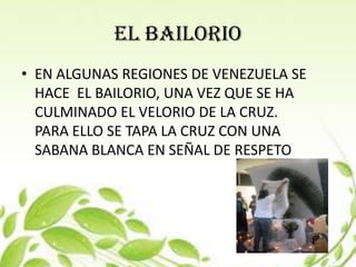 EL BAILORIO
• EN ALGUNAS REGIONES DE VENEZUELA SE
  HACE EL BAILORIO, UNA VEZ QUE SE HA
  CULMINADO EL VELORIO DE LA CRUZ.
  PARA ELLO SE TAPA LA CRUZ CON UNA
  SABANA BLANCA EN SEÑAL DE RESPETO
 