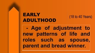 (18 to 40 Years)
EARLY
ADULTHOOD
- Age of adjustment to
new patterns of life and
roles such as spouse,
parent and bread winner.
 