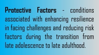 Protective Factors - conditions
associated with enhancing resilience
in facing challenges and reducing risk
factors during the transition from
late adolescence to late adulthood.
 