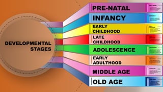 DEVELOPMENTAL
STAGES
PRE-NATAL
INFANCY
EARLY
CHILDHOOD
LATE
CHILDHOOD
ADOLESCENCE
EARLY
ADULTHOOD
MIDDLE AGE
OLD AGE
 