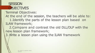 SESSION
OBJECTIVES
DR. GRANT B. GUBATAN, PUBLIC
SERVANT
Terminal Objectives:
At the end of the session, the teachers will be able to:
1.Identify the parts of the lesson plan based on
ILAW framework;
2.Compare and contrast the old DLL/DLP with the
new lesson plan framework;
3.Write a lesson plan using the ILAW framework
 