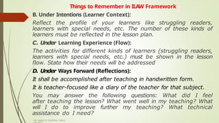 Things to Remember in ILAW Framework
B. Under Intentions (Learner Context):
Reflect the profile of your learners like struggling readers,
learners with special needs, etc. The number of these kinds of
learners must be reflected in the lesson plan.
C. Under Learning Experience (Flow):
The activities for different kinds of learners (struggling readers,
learners with special needs, etc.) must be shown in the lesson
flow. State how their needs will be addressed
D. Under Ways Forward (Reflections):
It shall be accomplished after teaching in handwritten form.
It is teacher-focused like a diary of the teacher for that subject.
You may answer the following questions: What did I feel
after teaching the lesson? What went well in my teaching? What
will I do to improve further my teaching? What technical
assistance do I need?
DR. GRANT B. GUBATAN, PUBLIC
 