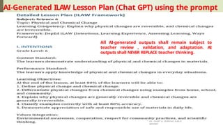 AI-Generated ILAW Lesson Plan (Chat GPT) using the prompt
All AI-generated outputs shall remain subject to
teacher review , validation, and adaptation. AI
outputs shall NEVER REPLACE teacher thinking.
DR. GRANT B. GUBATAN, PUBLIC
SERVANT
 
