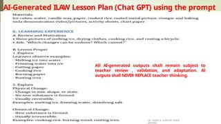 AI-Generated ILAW Lesson Plan (Chat GPT) using the prompt
DR. GRANT B. GUBATAN, PUBLIC
SERVANT
All AI-generated outputs shall remain subject to
teacher review , validation, and adaptation. AI
outputs shall NEVER REPLACE teacher thinking.
 