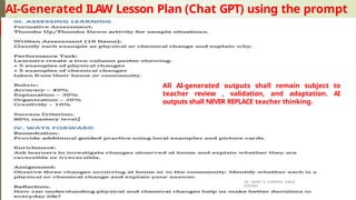 AI-Generated ILAW Lesson Plan (Chat GPT) using the prompt
DR. GRANT B. GUBATAN, PUBLIC
SERVANT
All AI-generated outputs shall remain subject to
teacher review , validation, and adaptation. AI
outputs shall NEVER REPLACE teacher thinking.
 