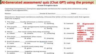 AI-Generated assessment/ quiz (Chat GPT) using the prompt
All AI-generated
outputs
shall remain
subject to teacher
review ,
validation,
adaptation.
and
AI
output
s
shal
l
NEVER REPLACE
teacher thinking.
 