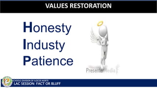 SCHOOLS DIVISION OF ILOCOS NORTE
VALUES RESTORATION
LAC SESSION: FACT OR BLUFF
Honesty
Industy
Patience
 