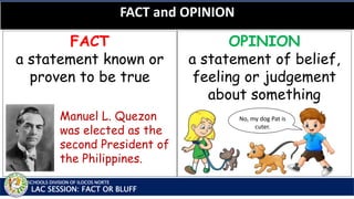 SCHOOLS DIVISION OF ILOCOS NORTE
FACT
a statement known or
proven to be true
FACT and OPINION
LAC SESSION: FACT OR BLUFF
OPINION
a statement of belief,
feeling or judgement
about something
Manuel L. Quezon
was elected as the
second President of
the Philippines.
Little Bantay is
the cutest dog in
the whole world.
No, my dog Pat is
cuter.
 