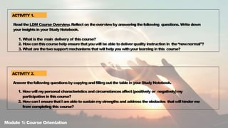 ReadtheLDM Course Overview. Reflecton theoverviewby answeringthefollowing questions. Write down
your insightsin your Study Notebook.
1. What isthe main delivery of thiscourse?
2. Howcanthiscoursehelp ensurethatyou will be able todeliver quality instructionin the“newnormal”?
3. What are thetwosupport mechanismsthatwill help you withyour learning in this course?
Answerthefollowing questionsby copyingand filling outthetable in your Study Notebook.
1. Howwill mypersonal characteristicsand circumstancesaffect(positively or negatively)my
participation in thiscourse?
2. HowcanI ensurethatI amable tosustainmystrengthsand address theobstacles thatwill hinder me
from completingthis course?
ACTIVITY 1.
ACTIVITY 2.
Module 1: Course Orientation
 