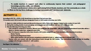 _ To enable teachers to support each other to continuously improve their content and pedagogical
knowledge, practice, skills, and attitudes
_ Tofoster aprofessionalcollaborative spirit amongSchool Heads, teachers,and thecommunityasa whole
2. What are thetop threechallengestohavingasuccessfulLAC? Listdownand elaborate.
AccordingtoDO 35, s. 2016,aLACshouldhavenolessthan2butnotmore than
15memberseach.GetintouchwithyourdesignatedCoachor LACLeaderinforming your LACs.
1. AgreeonadateandtimetomeetanddiscussformingyourLACs.FollowLAC Session1Guidefor theconductof yourLAC.
2. Duringthismeeting,decideonyourgroupingsanddesignateoneLACFacilitatorand oneLACLeaderper LAC.
3. NotethefollowinginformingyourLACs:
• LACsshould be composedof teachers.Discussyour preferred LAC composition withyour assignedInstructional Coach (thiswill be a
districtor divisionsupervisor assignedtoyourLAC).
• AfterformingyourrespectiveLACs,thereshouldaLACLeaderassignedtoyou from amongthefollowingschoolmembers:
» Master Teacher
» HeadTeacher/Department Head
» Otherseniorteacherswhohaveprovencompetence,potentialtolead, or subjectexpertisetoleadthe LAC.
• Teacher LACs can connect with their Instructional Coach through the LAC Leader. This Instructional Coach will also be handling
multipleLACsthroughanetworkof LAC Leaders.
SeeFigure1for reference.
ACTIVITY 2.
Module 1: Course Orientation
 